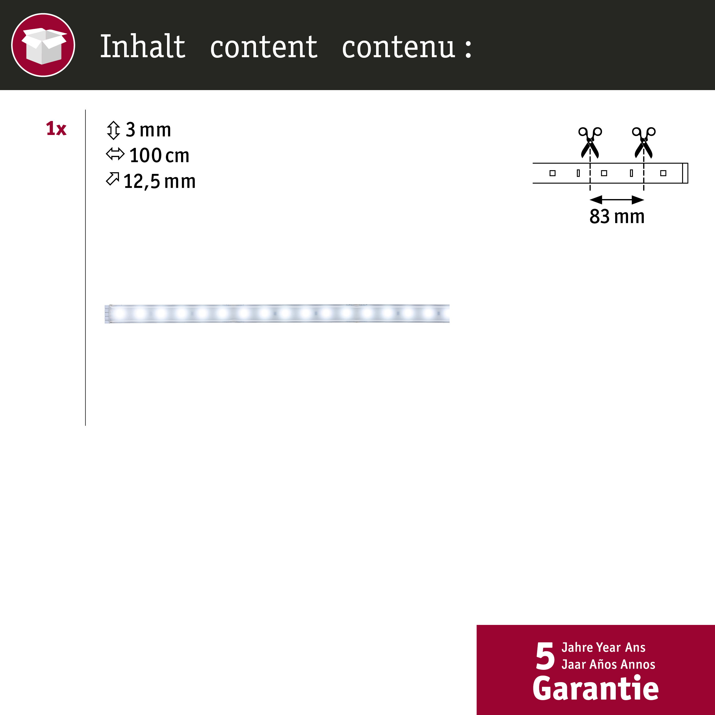 Striscia LED con dimensioni 3mm, 100cm, 12,5mm e segni di taglio.