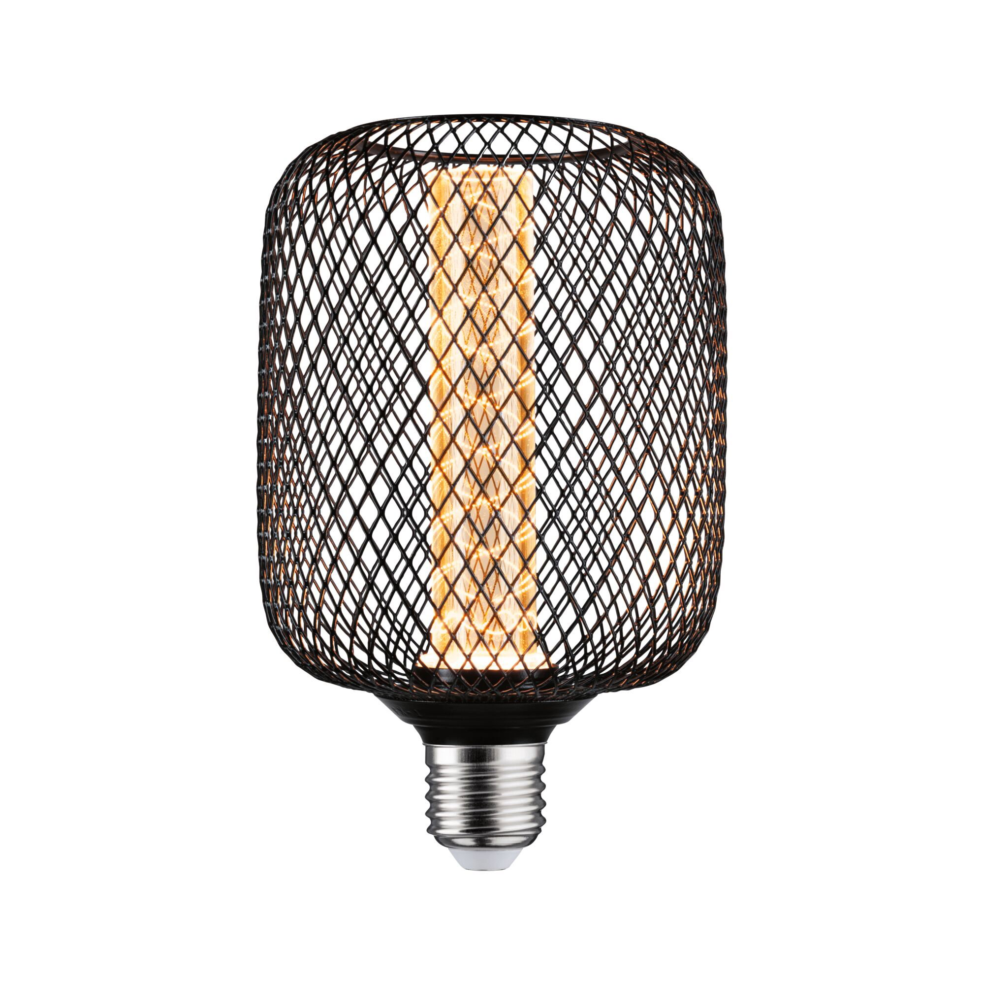 Żarówka Edisona z czarną klatką z siatki drucianej i widocznym żarnikiem.