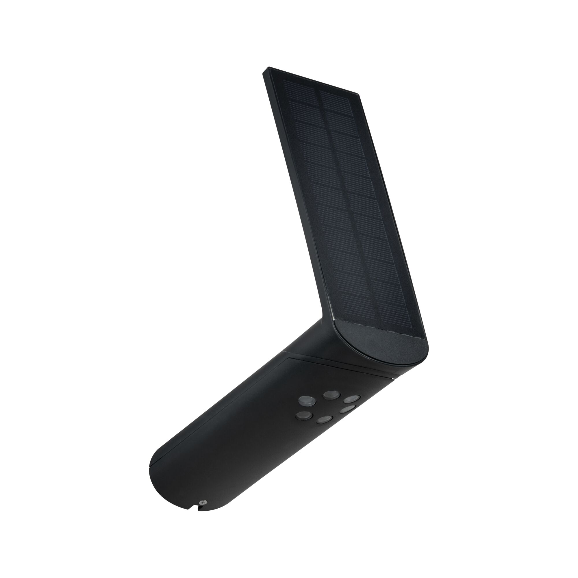 Czarna lampa solarna z regulowanym panelem i przyciskami. Białe tło.