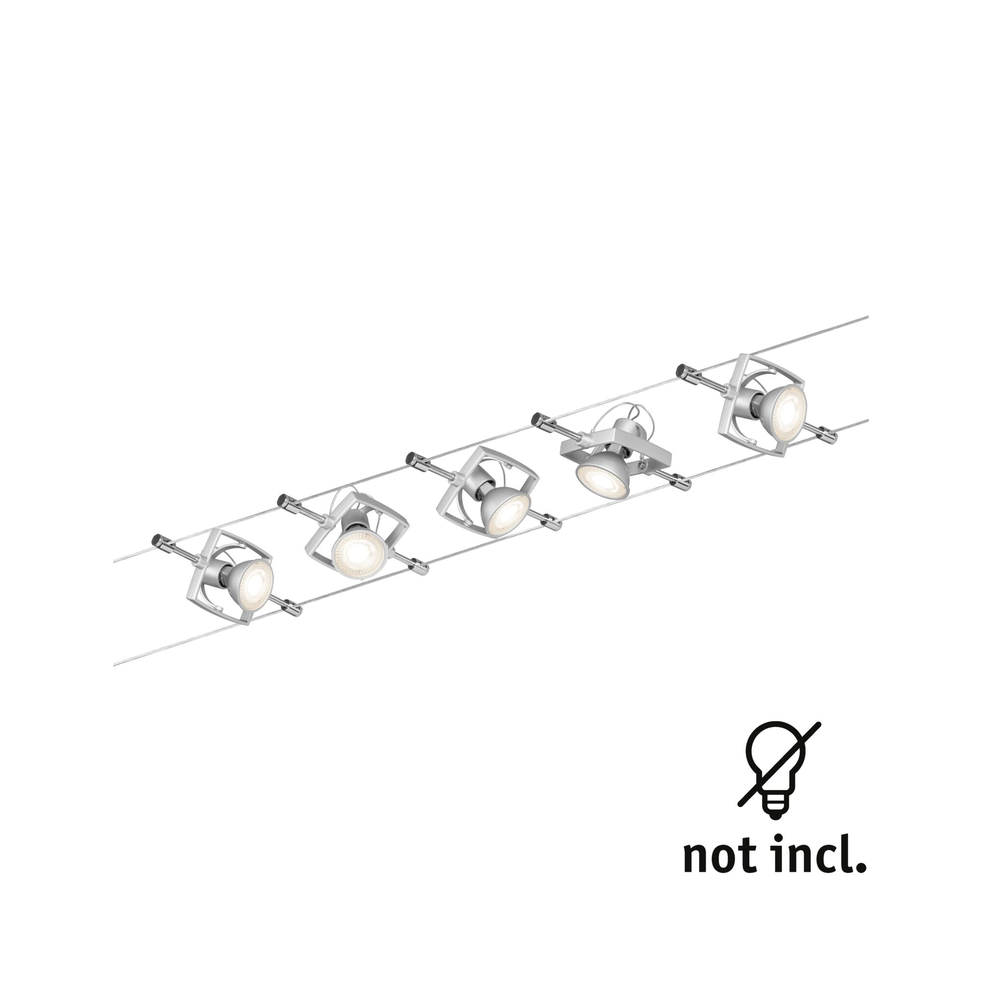 Cinq spots argentés sur un câble. Ampoules non incluses.