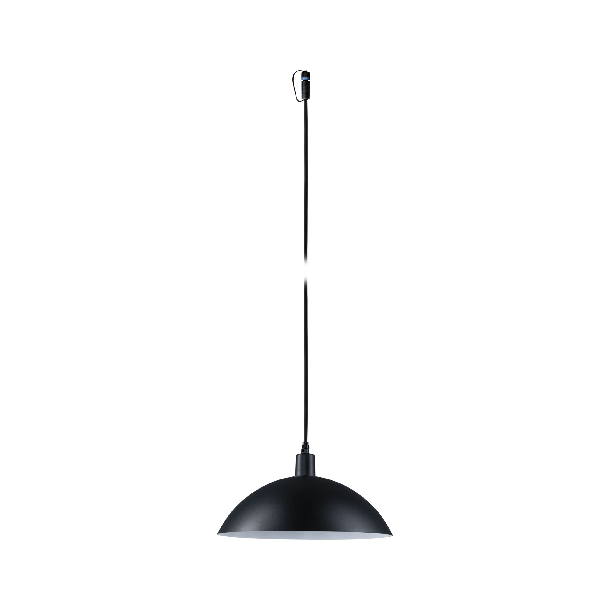 Eine schwarze Pendelleuchte mit einem runden Schirm hängt an einem langen Kabel.