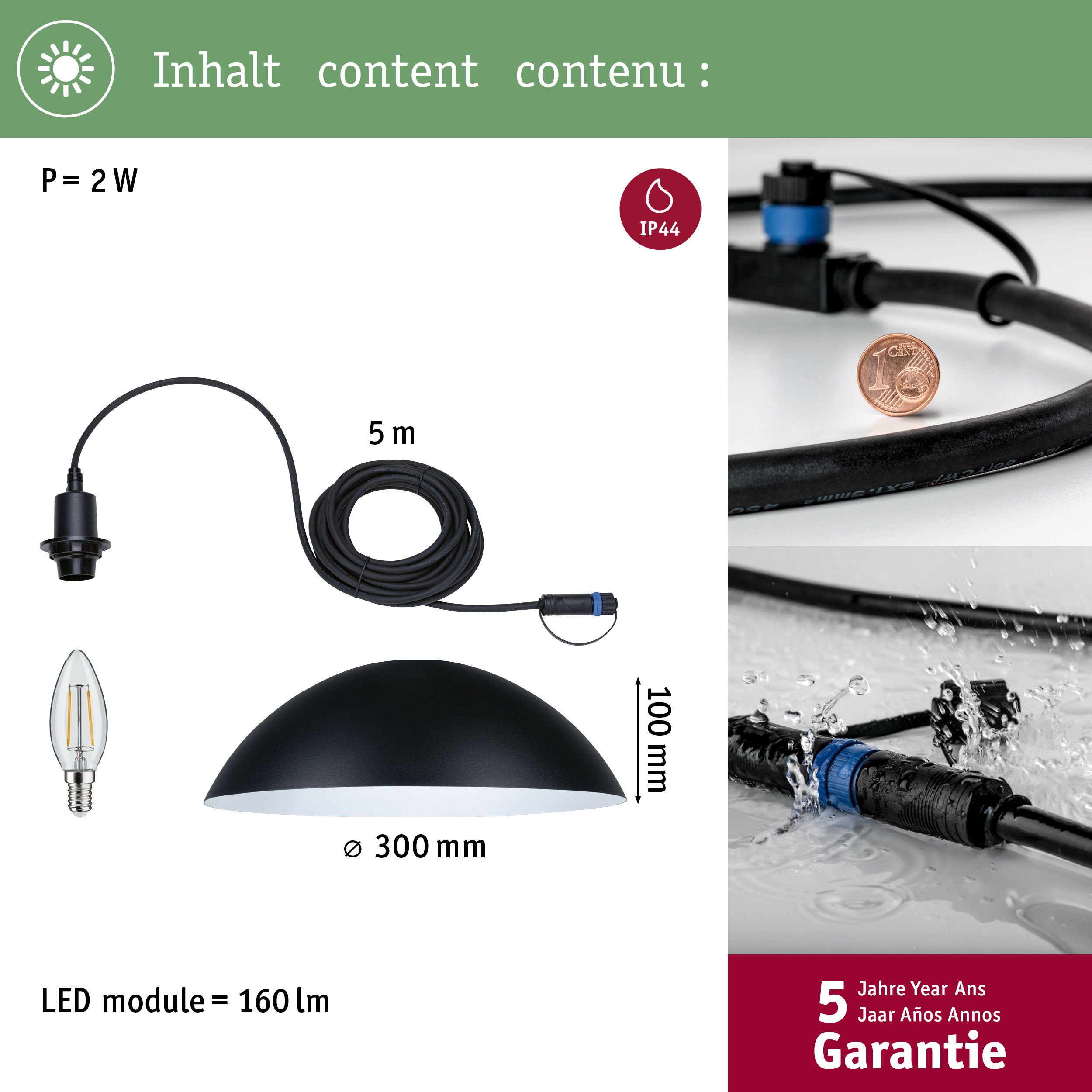 Schwarzer Lampenschirm, 300mm breit, 100mm hoch, mit LED-Birne.