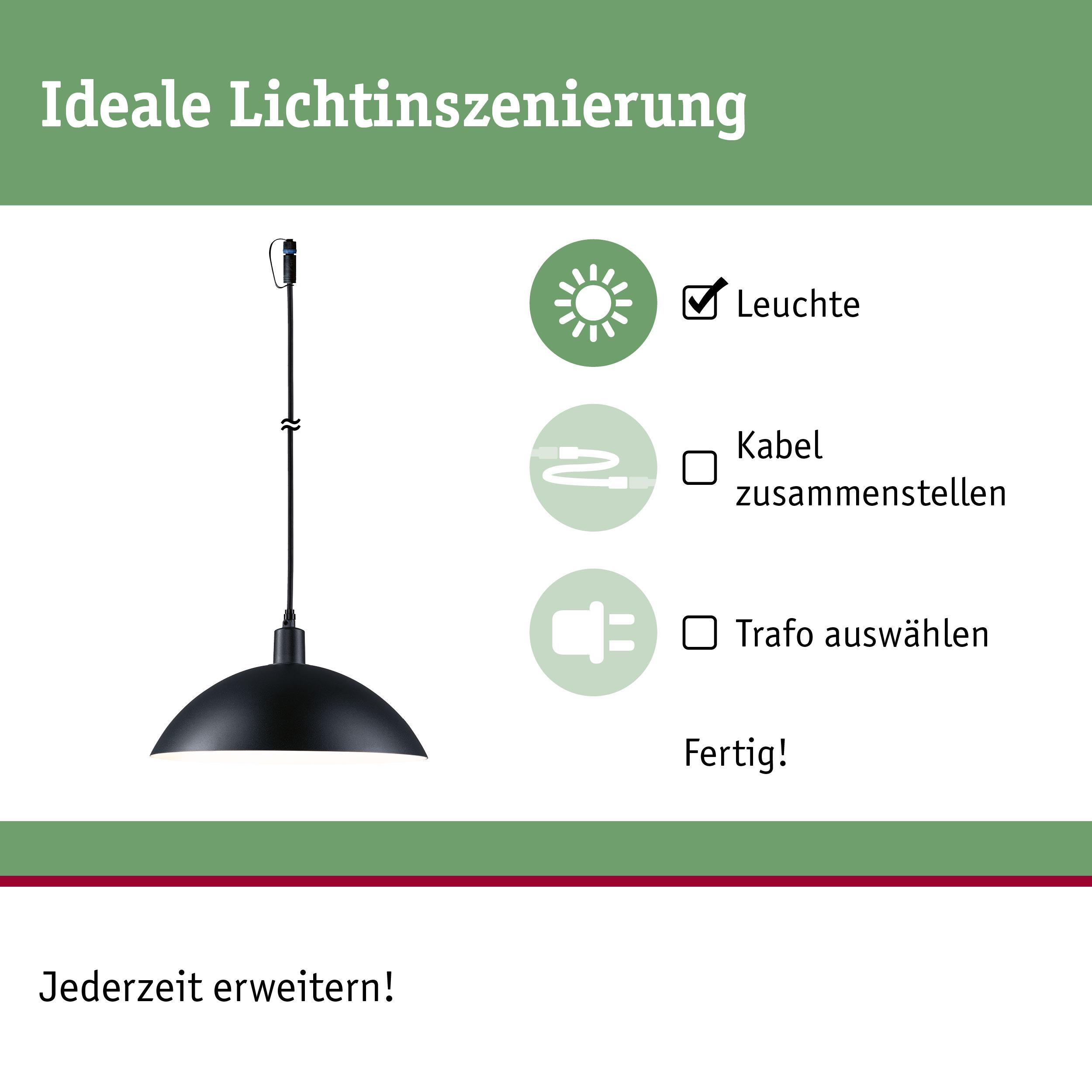 Schwarze Pendelleuchte mit Anleitung zum Zusammenstellen und Auswählen eines Trafos.