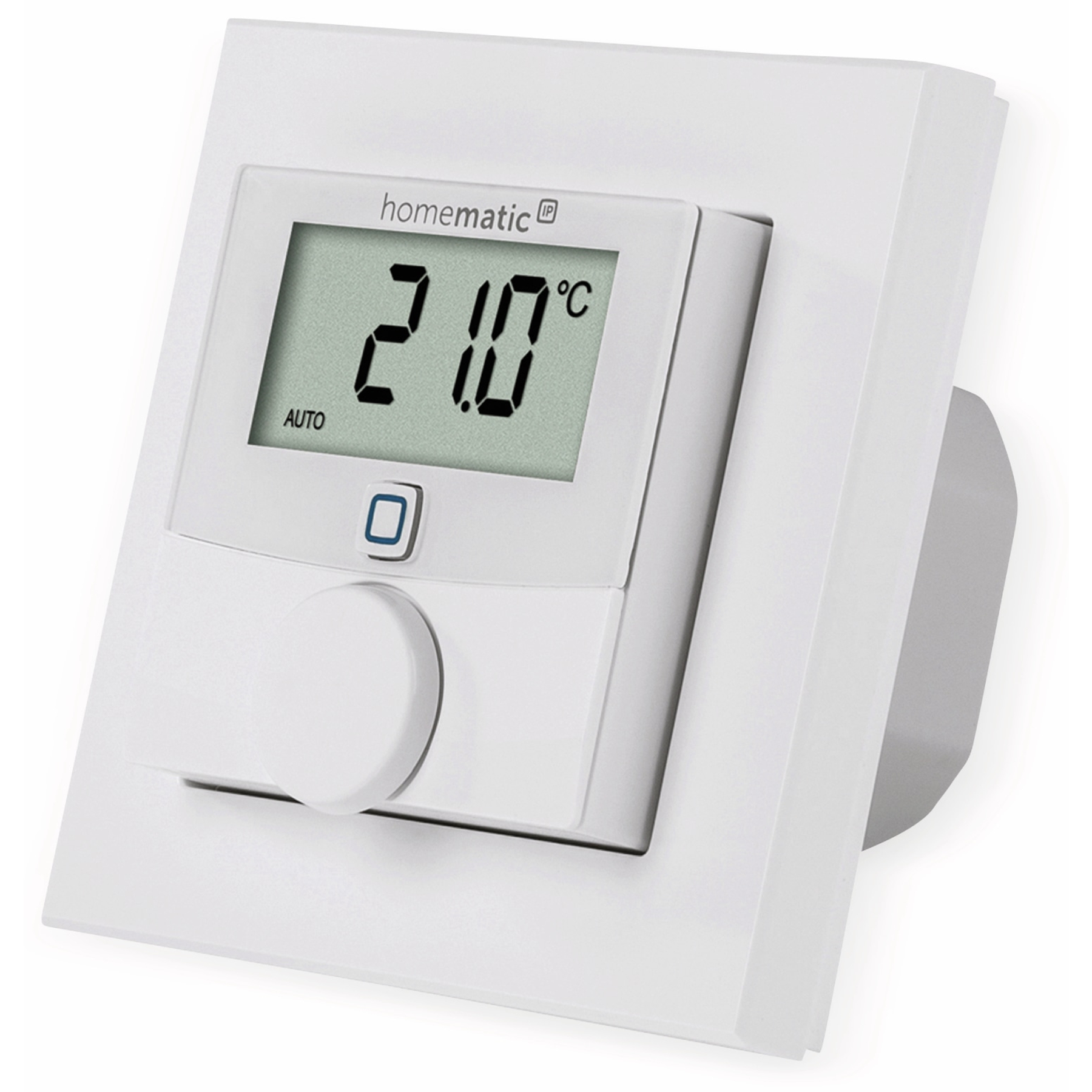 Ein weißes Homematic IP Thermostat zeigt 21 Grad Celsius und AUTO an.