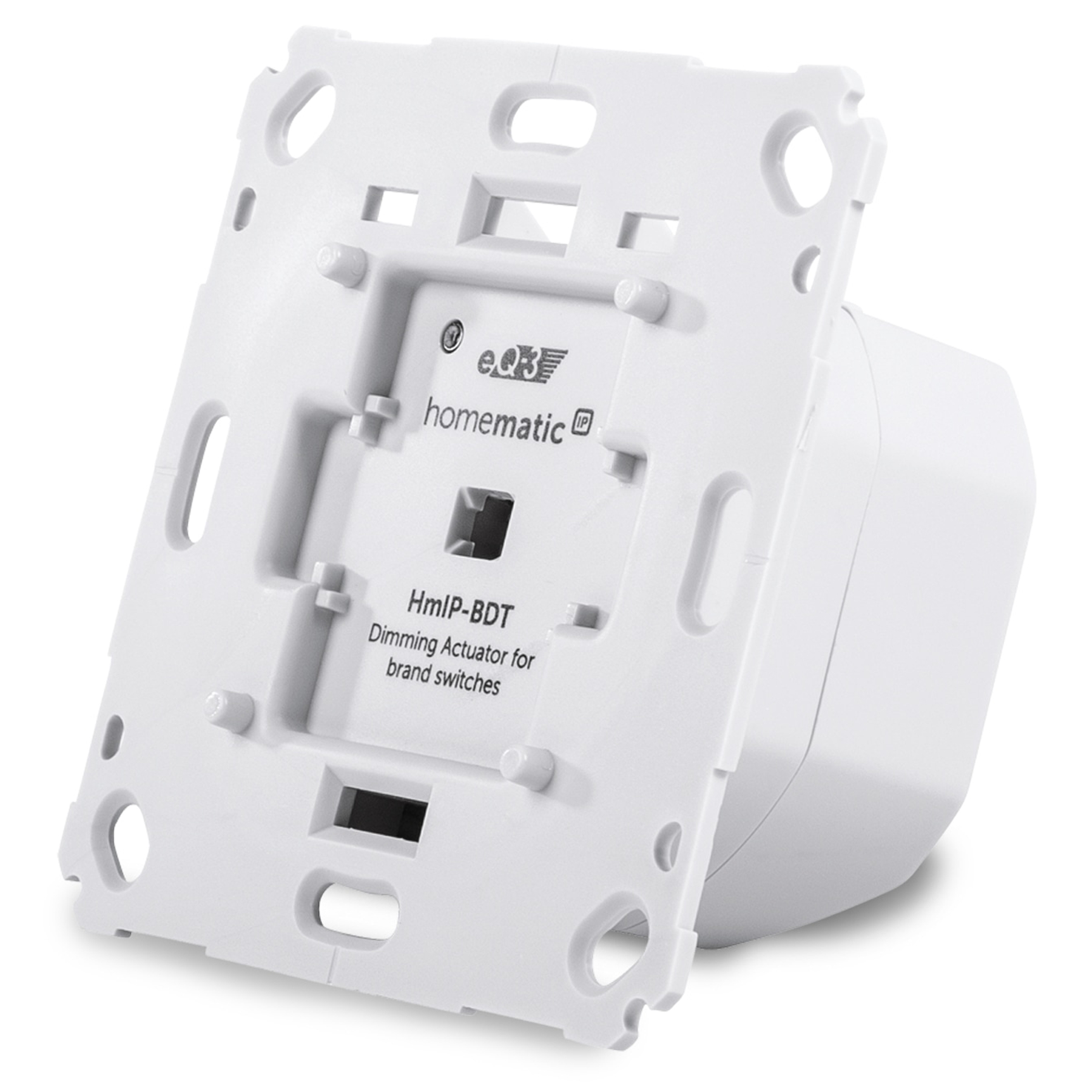 Weiße Rückseite eines Homematic HMLP-BDT Dimmaktors für Markenschalter.
