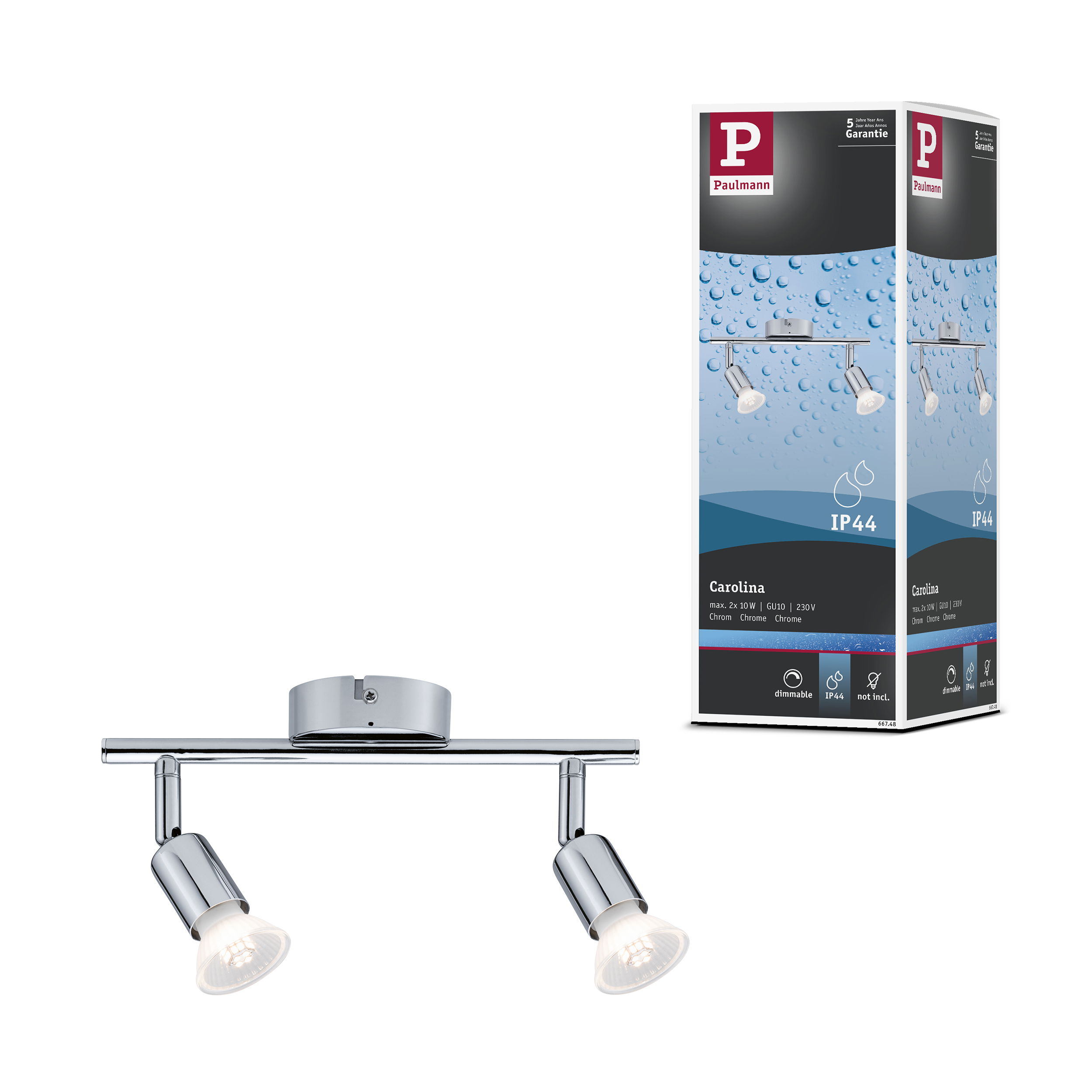 Chromowany reflektor sufitowy z dwoma spotami, obok opakowania.