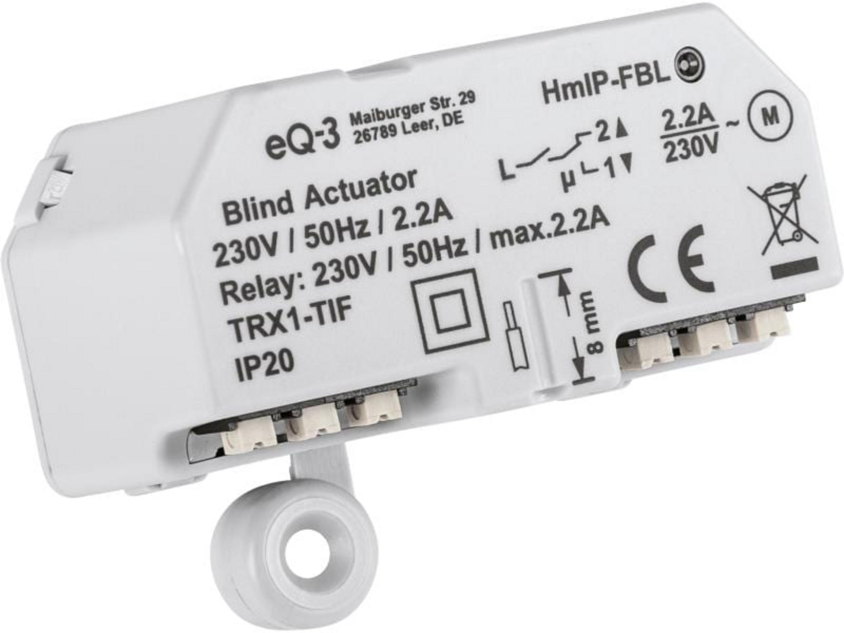 Weißer Blindaktor von eQ-3 mit technischen Details und CE-Zeichen.