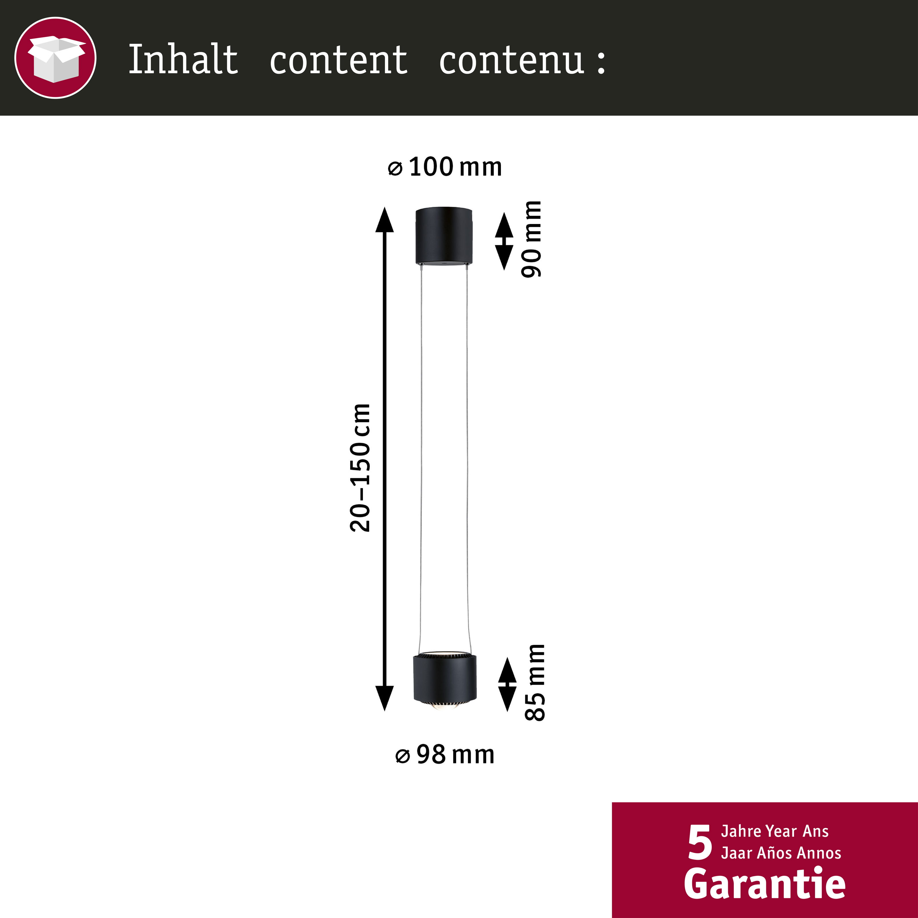 Technische Zeichnung einer Hängeleuchte, 20-150cm lang, 100mm Durchmesser.