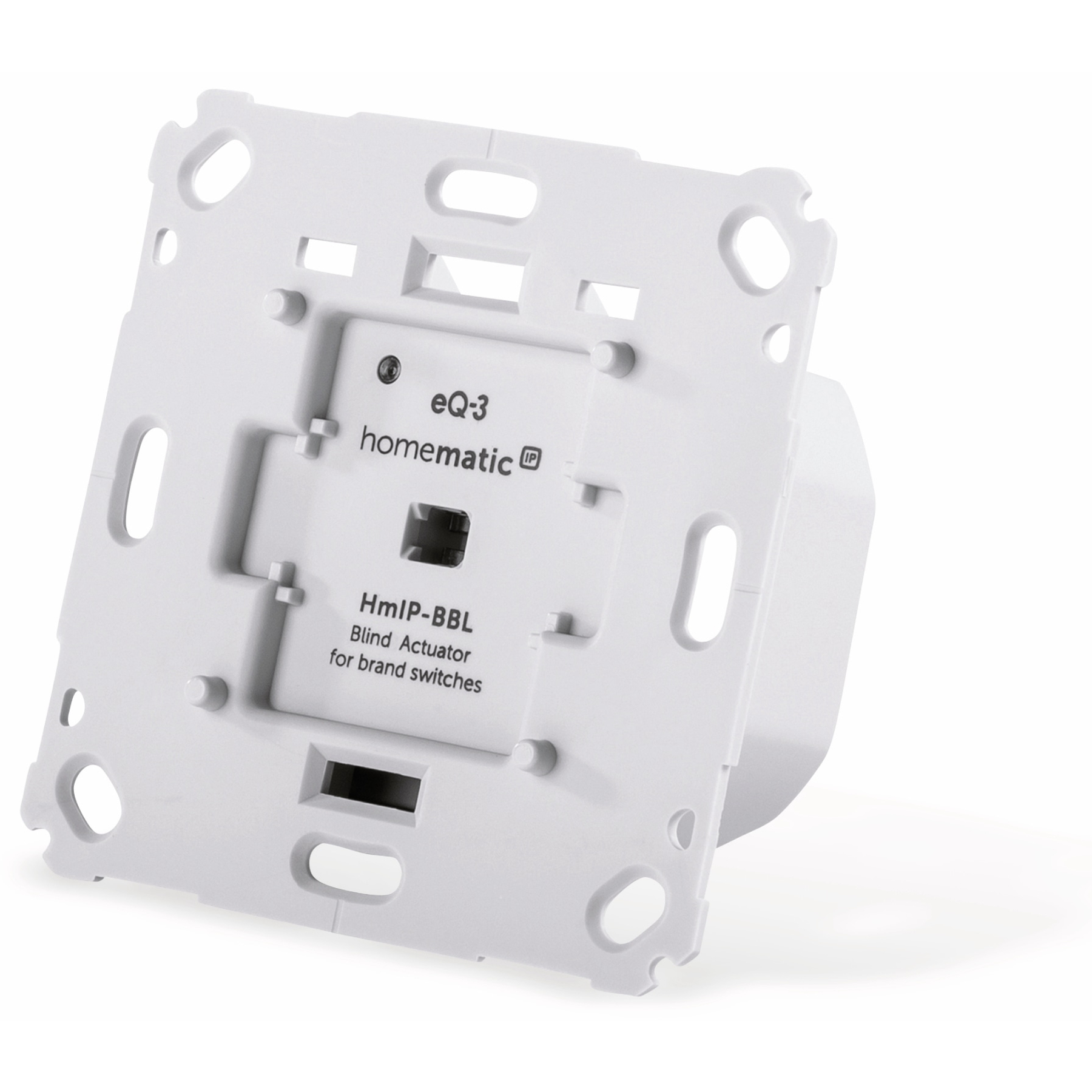 Ein weißer Homematic eQ-3 HmlP-BBL Blindaktuator für Markenschalter.