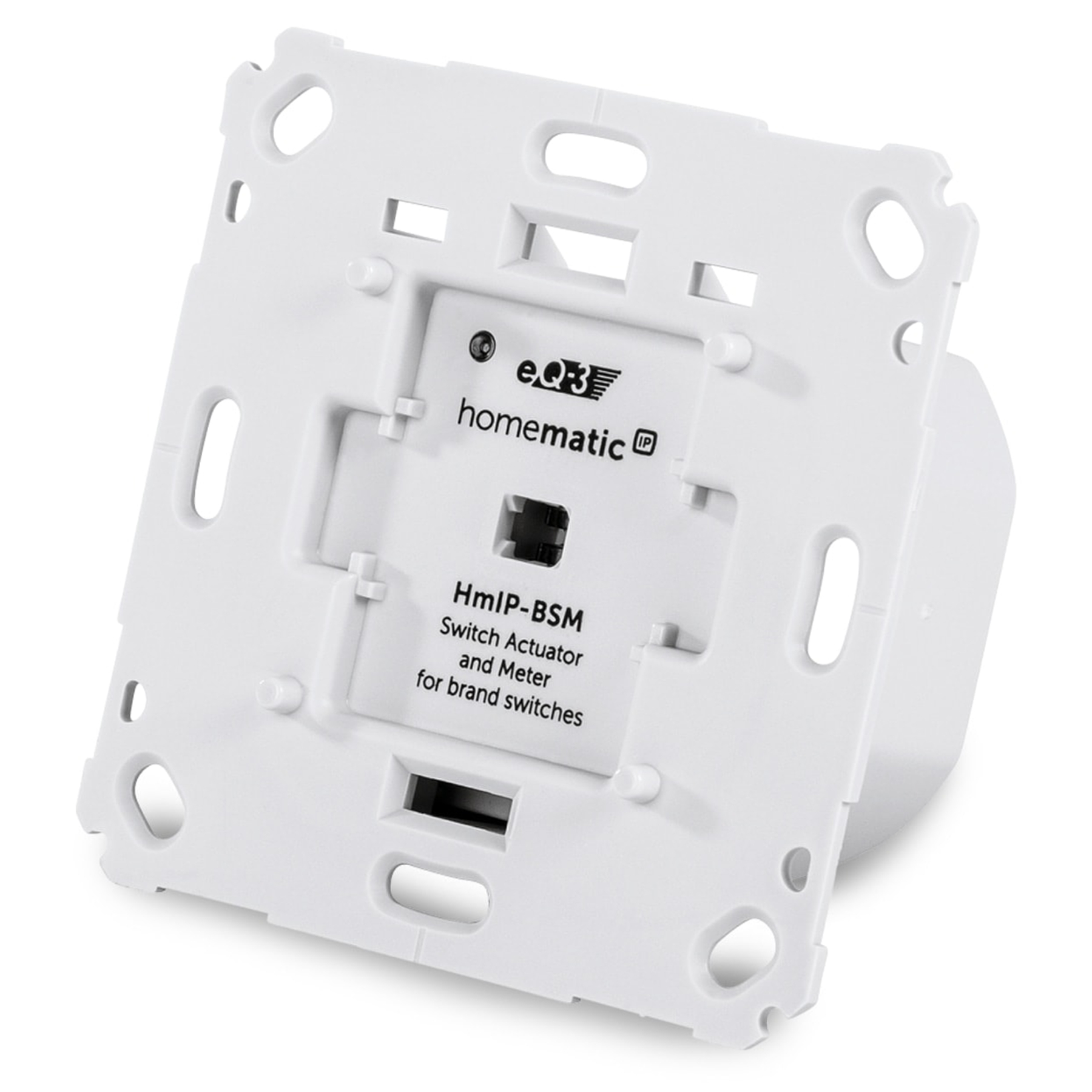 Weiße Rückseite eines Homematic IP HmIP-BSM Schalter Aktors mit Beschriftung.