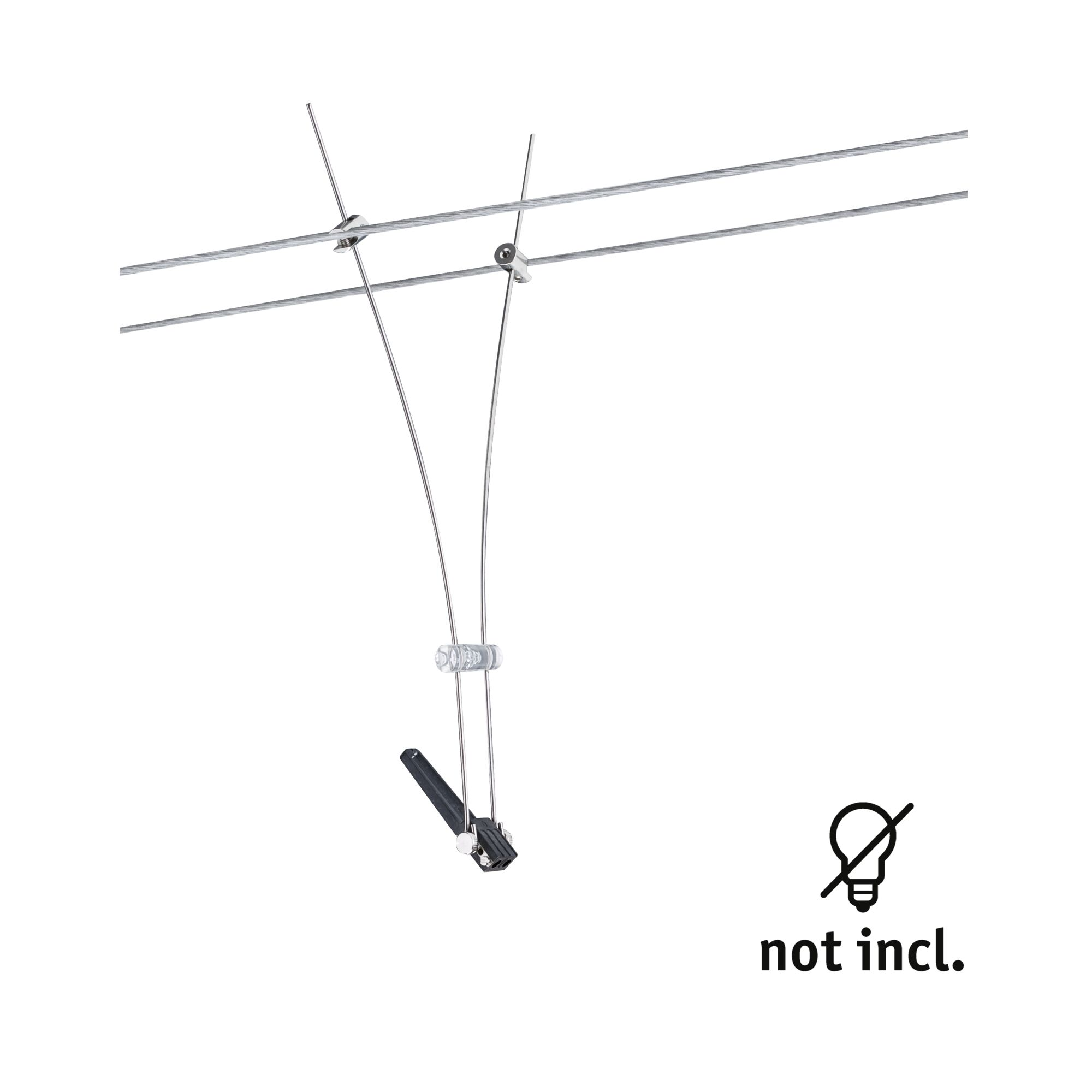 Sistema di sospensione con due cavi, un supporto e una lampadina non inclusa.