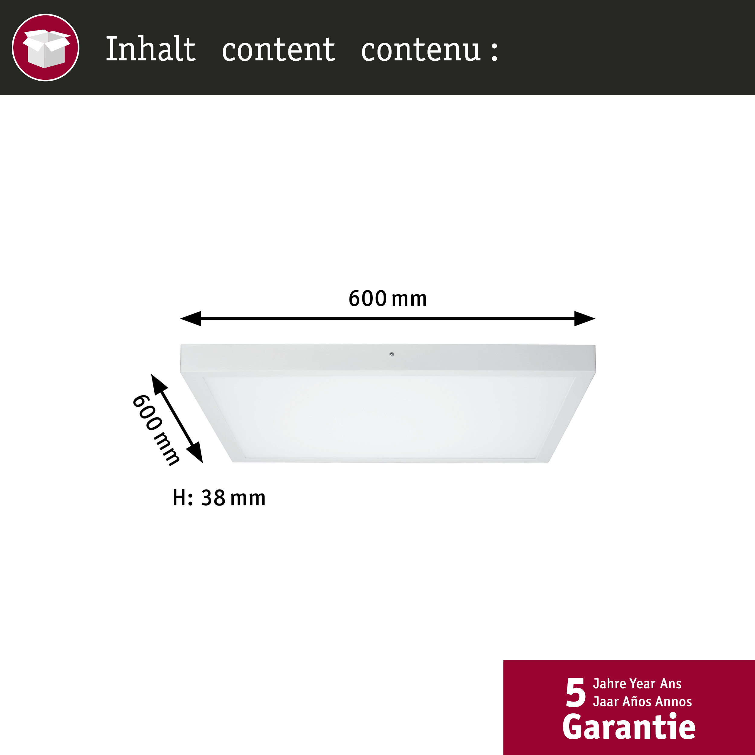 Ein weißes Quadrat mit den Maßen 600x38 mm. Enthält Text über Garantie.