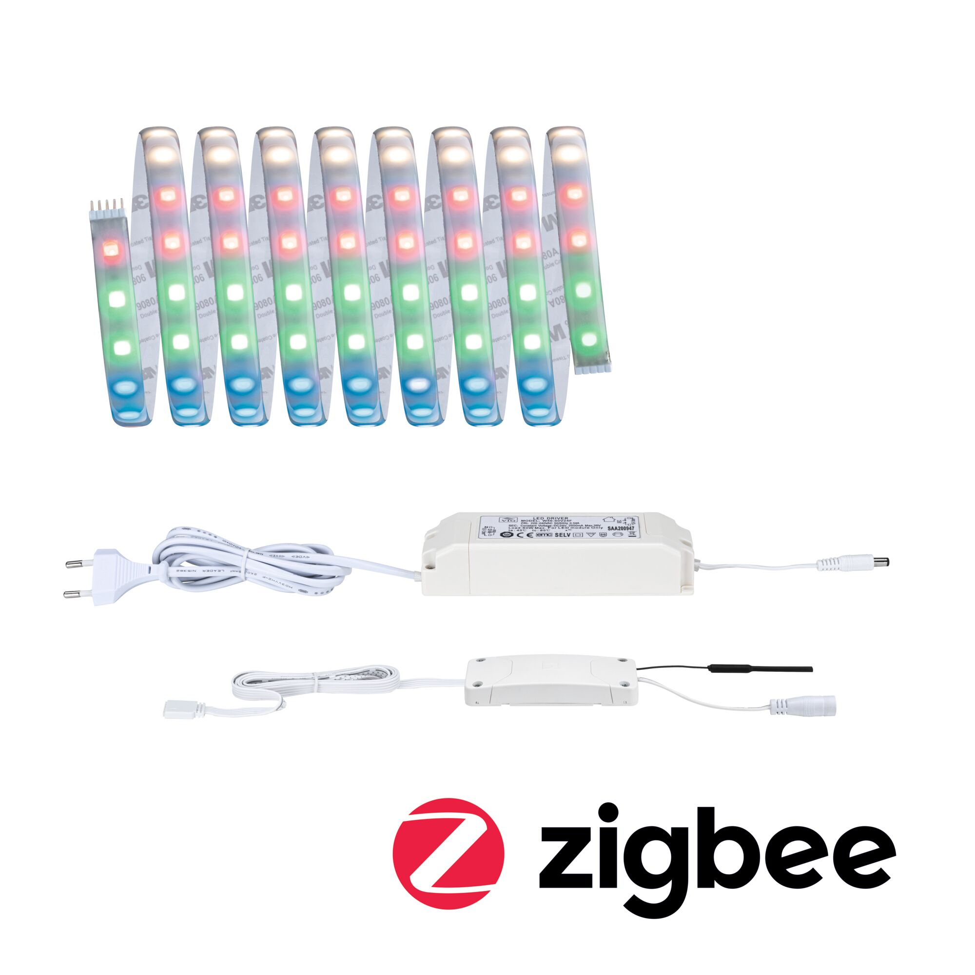 Taśmy LED z zasilaczem i logo Zigbee.