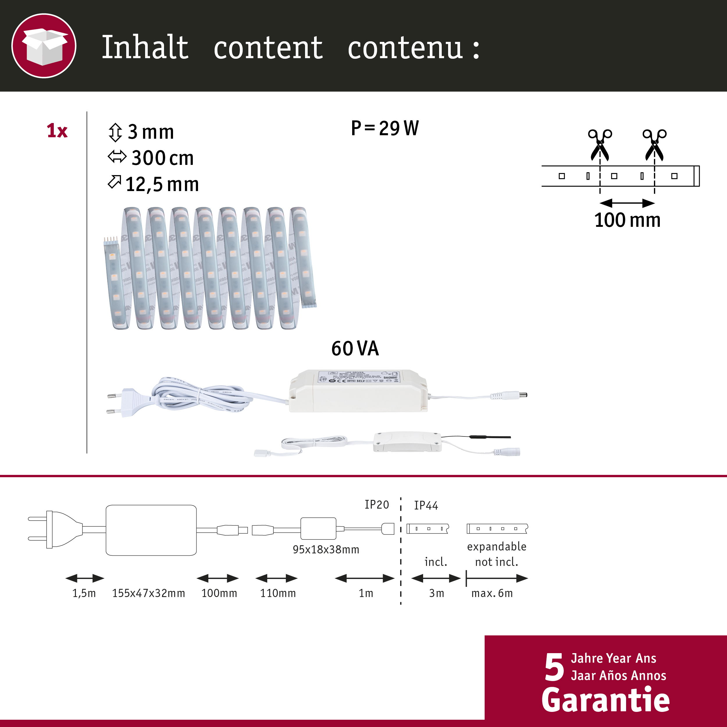 Taśma LED z zasilaczem, wymiarami i szczegółami gwarancji.