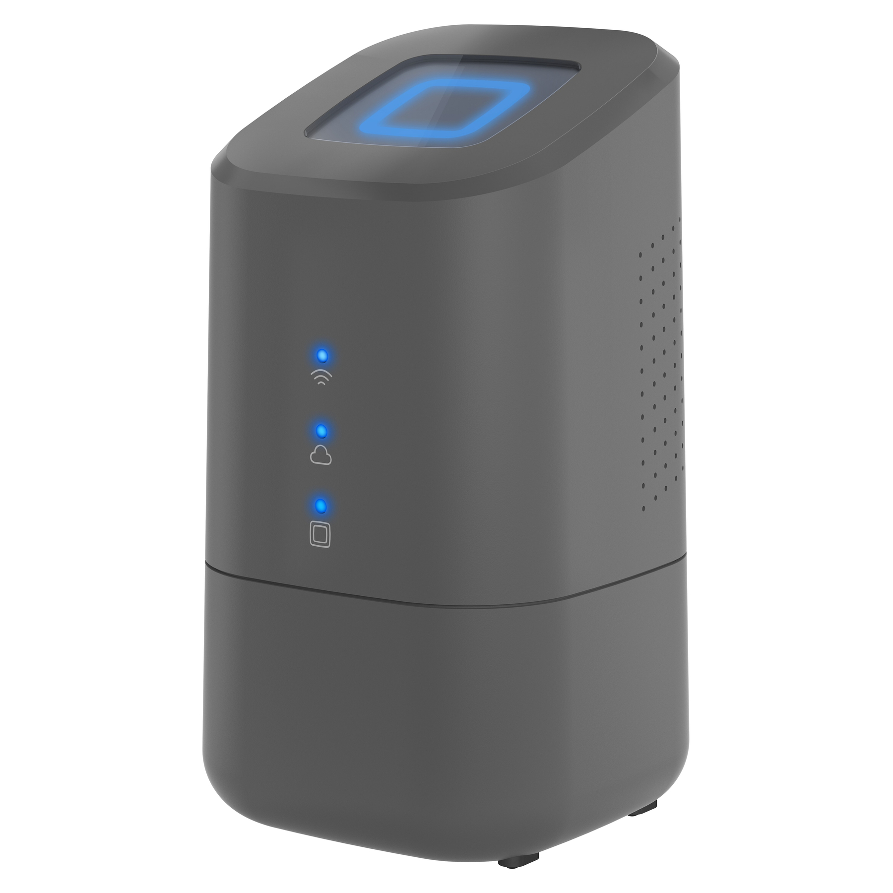 Szare urządzenie z niebieskimi światłami wskaźnikowymi i świecącym niebieskim kwadratem na górze.