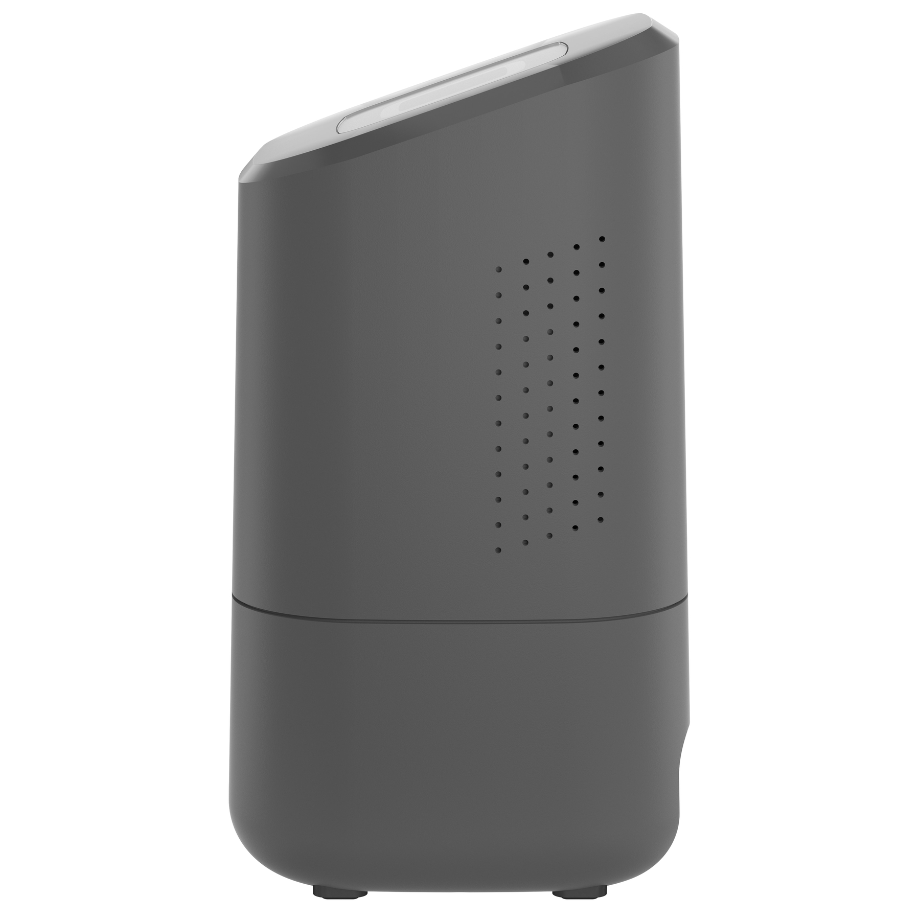 Ciemny, cylindryczny nawilżacz z szarym korpusem i białą górną częścią.