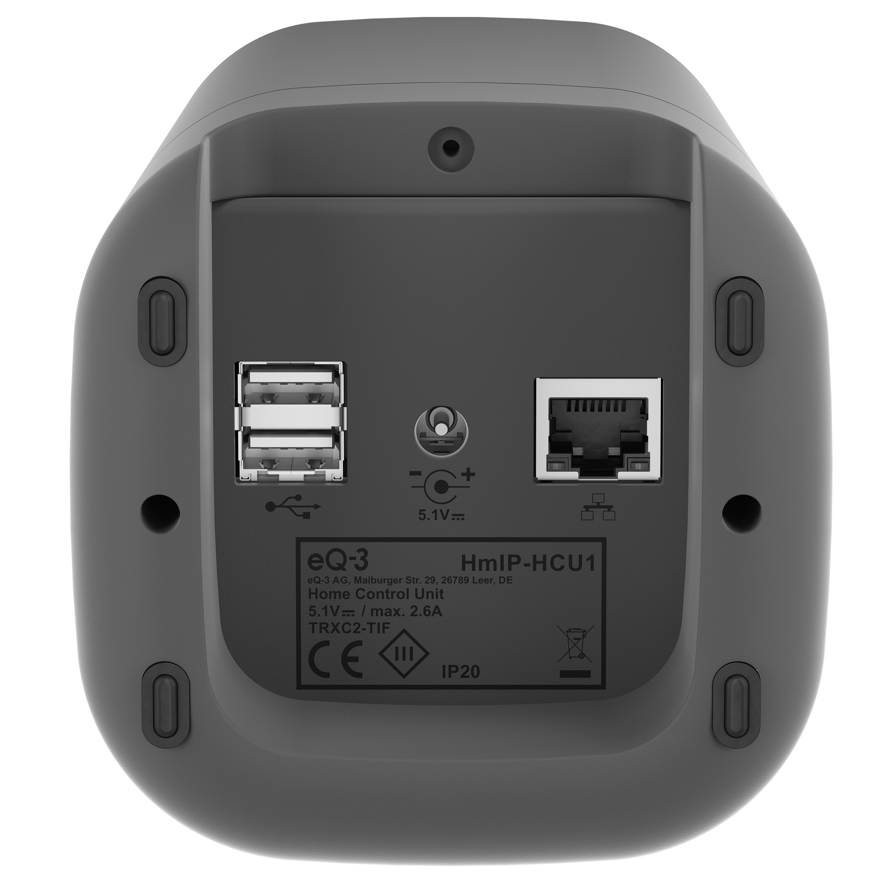 Tył szarej jednostki sterującej domem z portami USB i Ethernet.