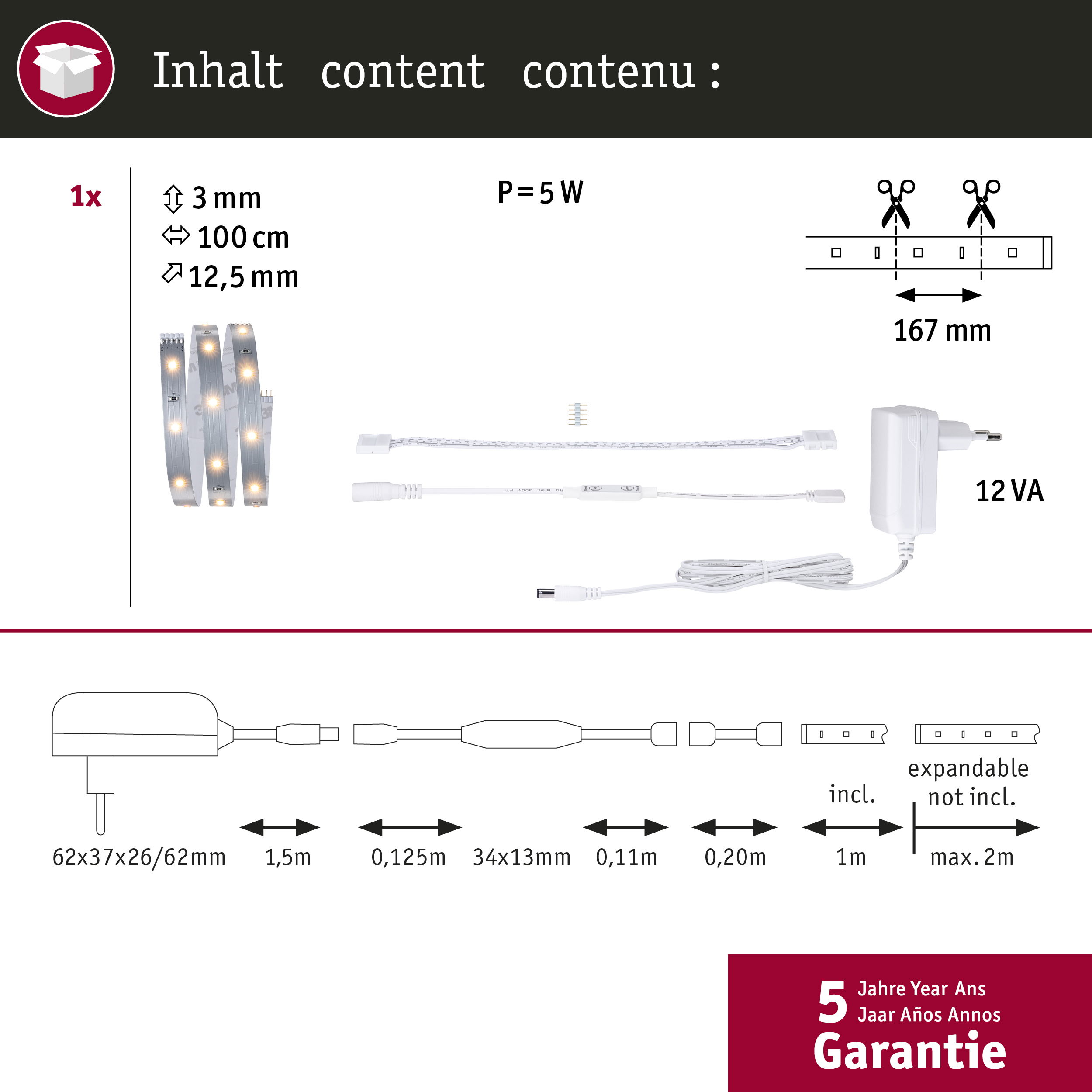 Abmessungen und Inhalt einer LED-Leiste mit Netzteil und Zubehör.