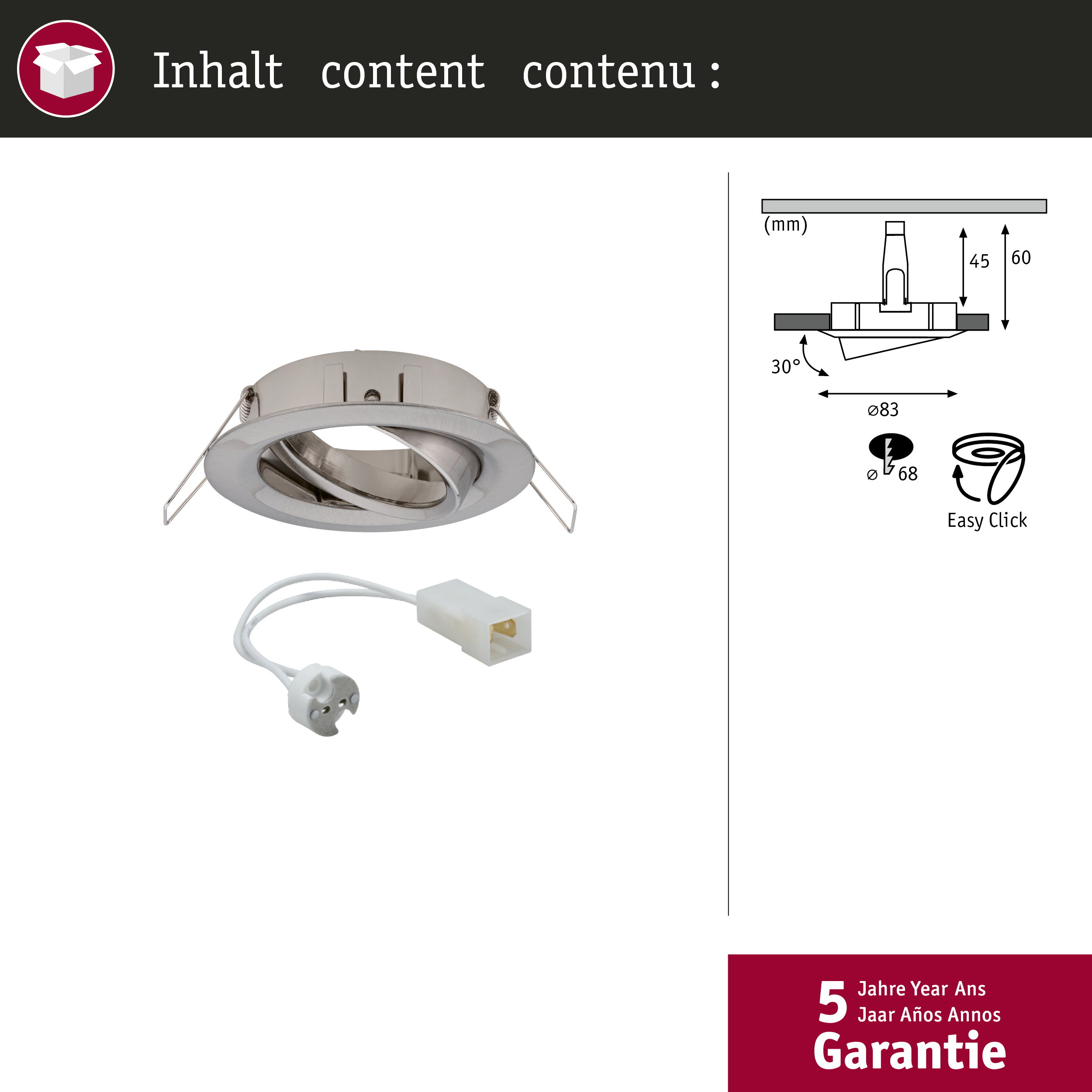 Einbaustrahler mit Kabel und Maßangaben. 5 Jahre Garantie.