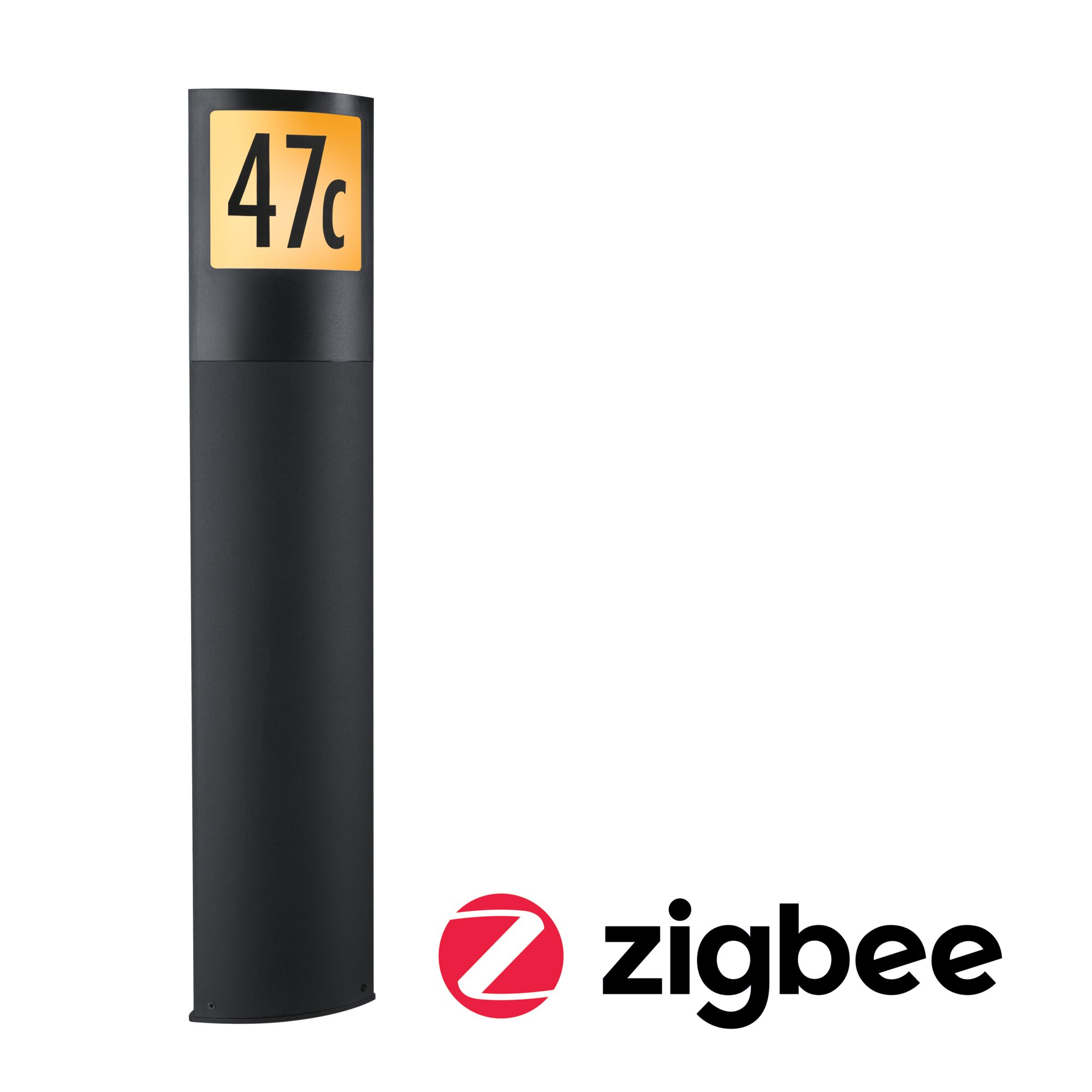 Czarny słup z podświetlanym wyświetlaczem pokazującym 47c. Obok logo Zigbee.