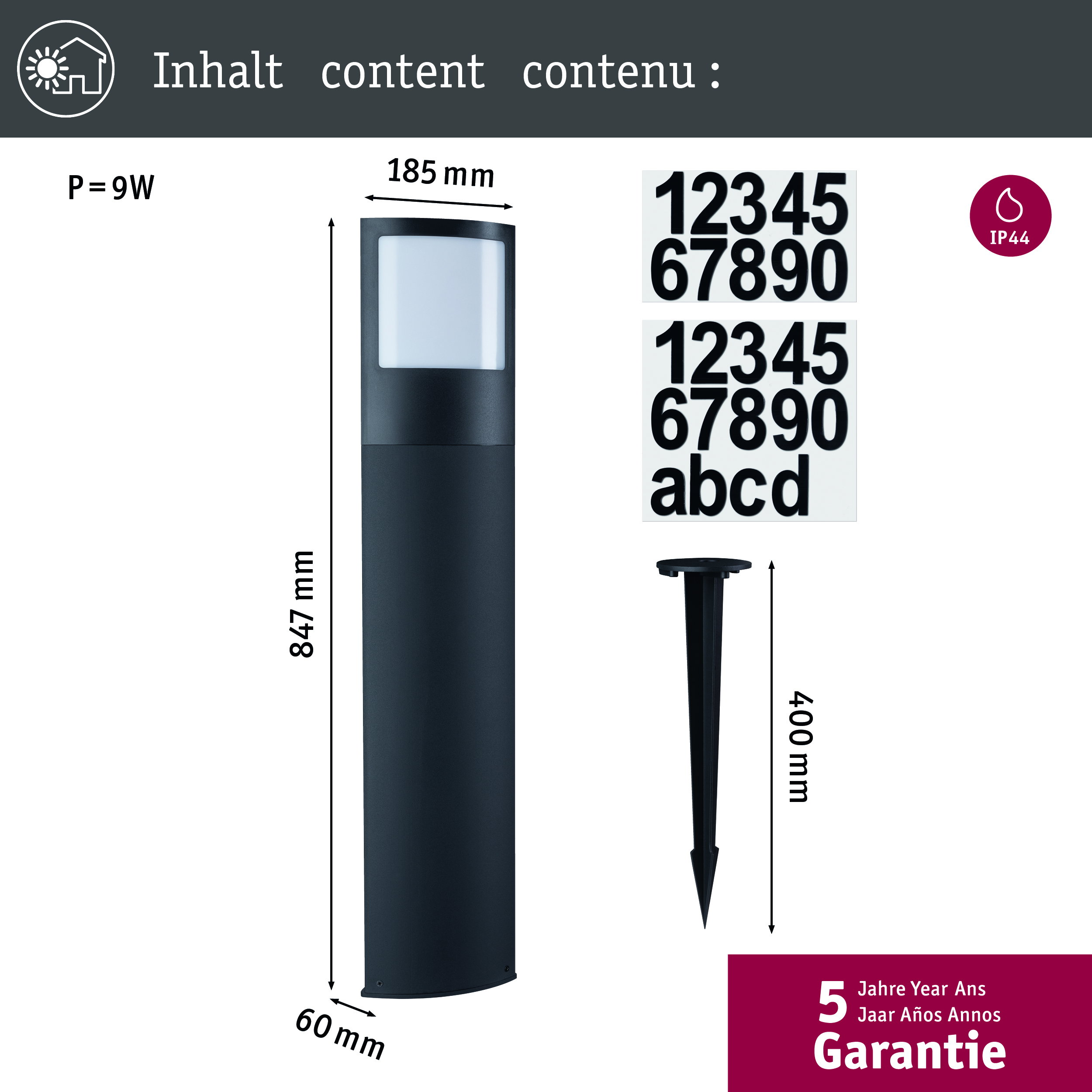 Lampa ogrodowa z wymiarami i naklejkami z cyframi. 5 lat gwarancji.