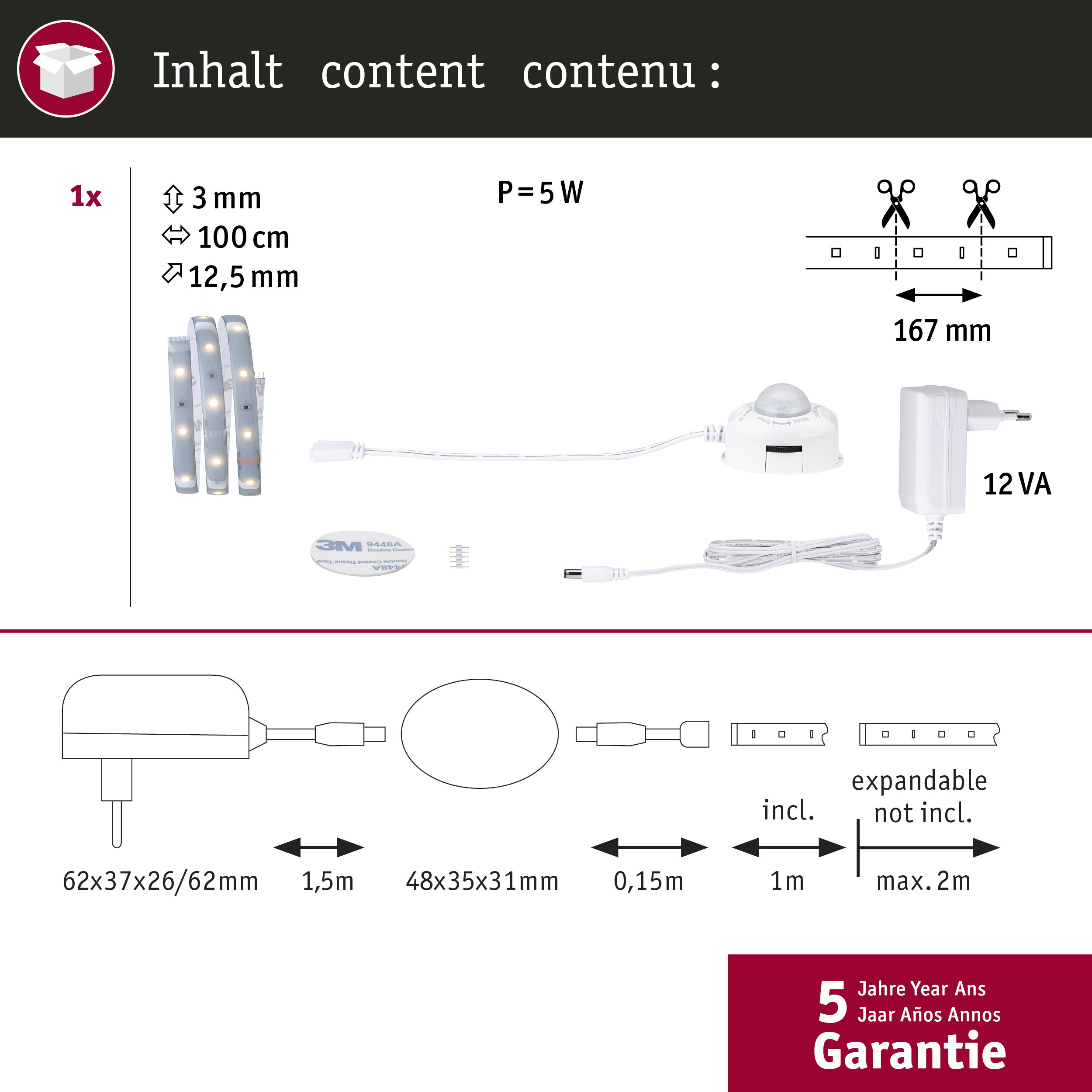 Packungsinhalt: 1x LED-Streifen, Netzteil, Sensor, Klebeband und Kabel.
