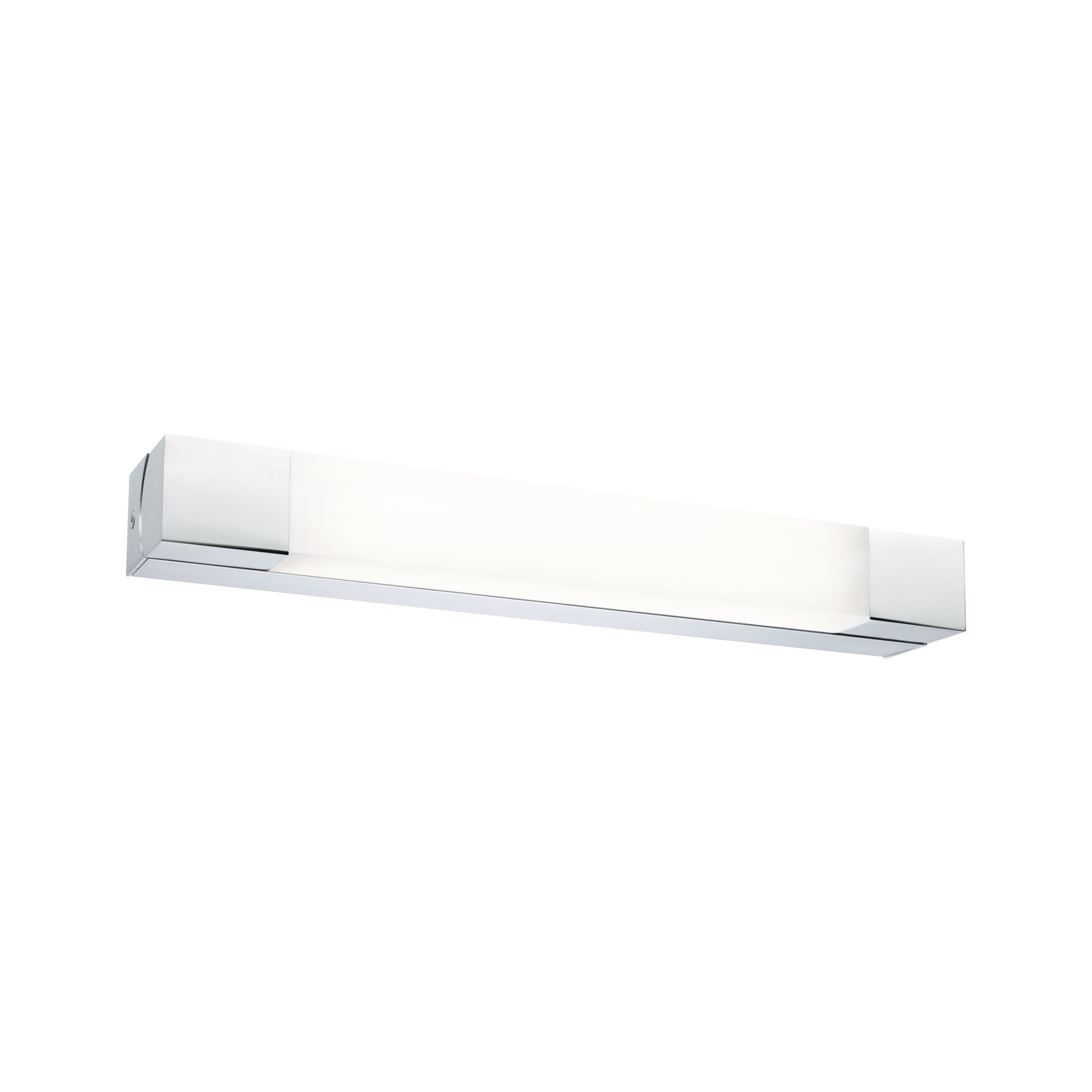 Ein langer, schmaler, moderner Wandleuchter mit Chromrahmen und milchig-weißer Abdeckung.