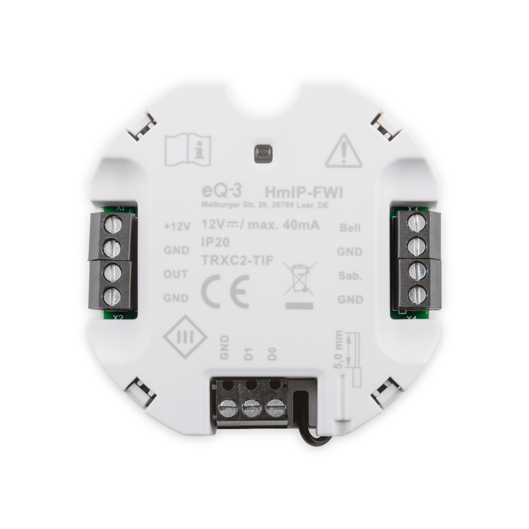 Un dispositivo blanco eQ-3 HmIP-FWI que muestra terminales, etiquetas y marcado CE.