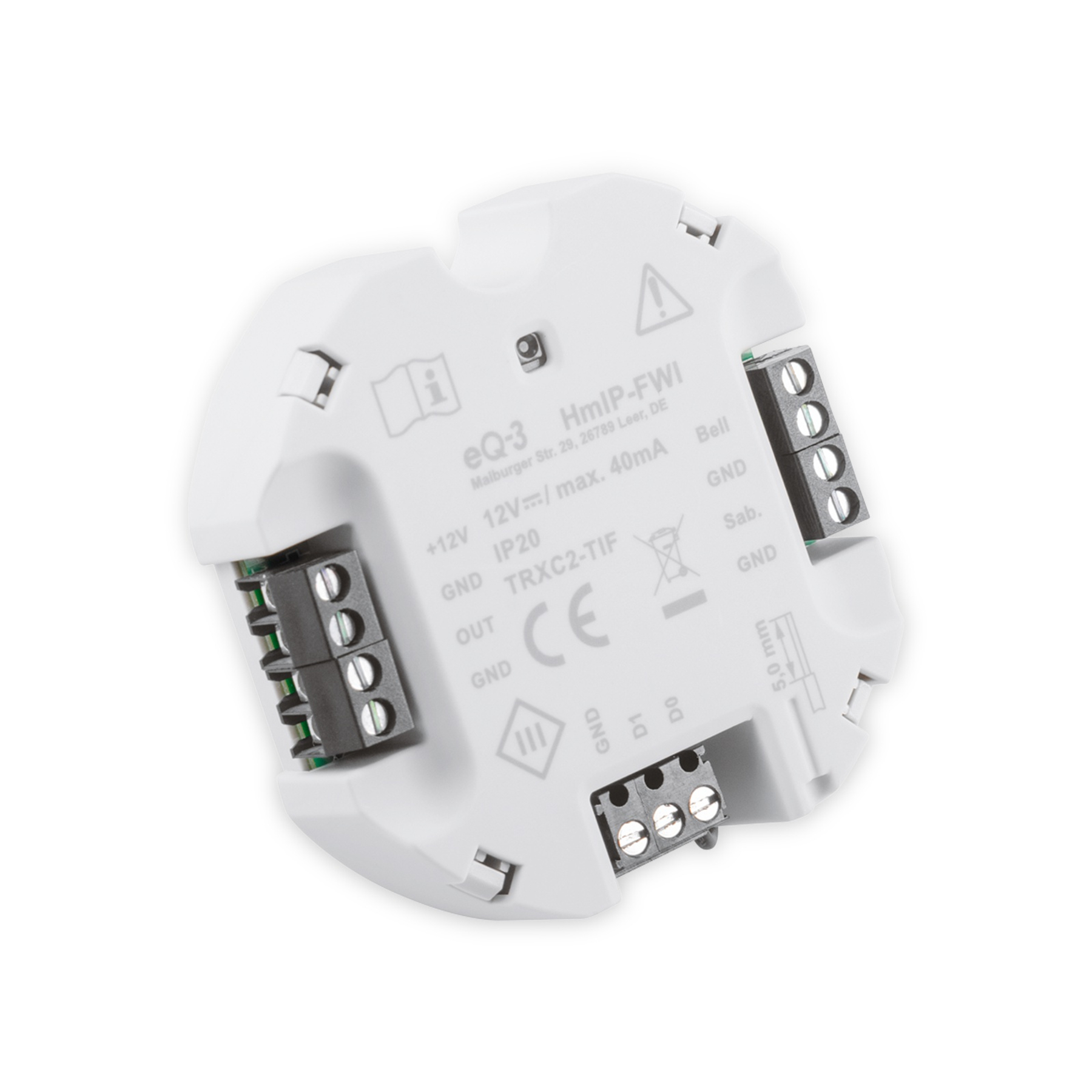 Un dispositivo blanco eQ-3 HmIP-FWI con terminales de tornillo para conexiones de cables.