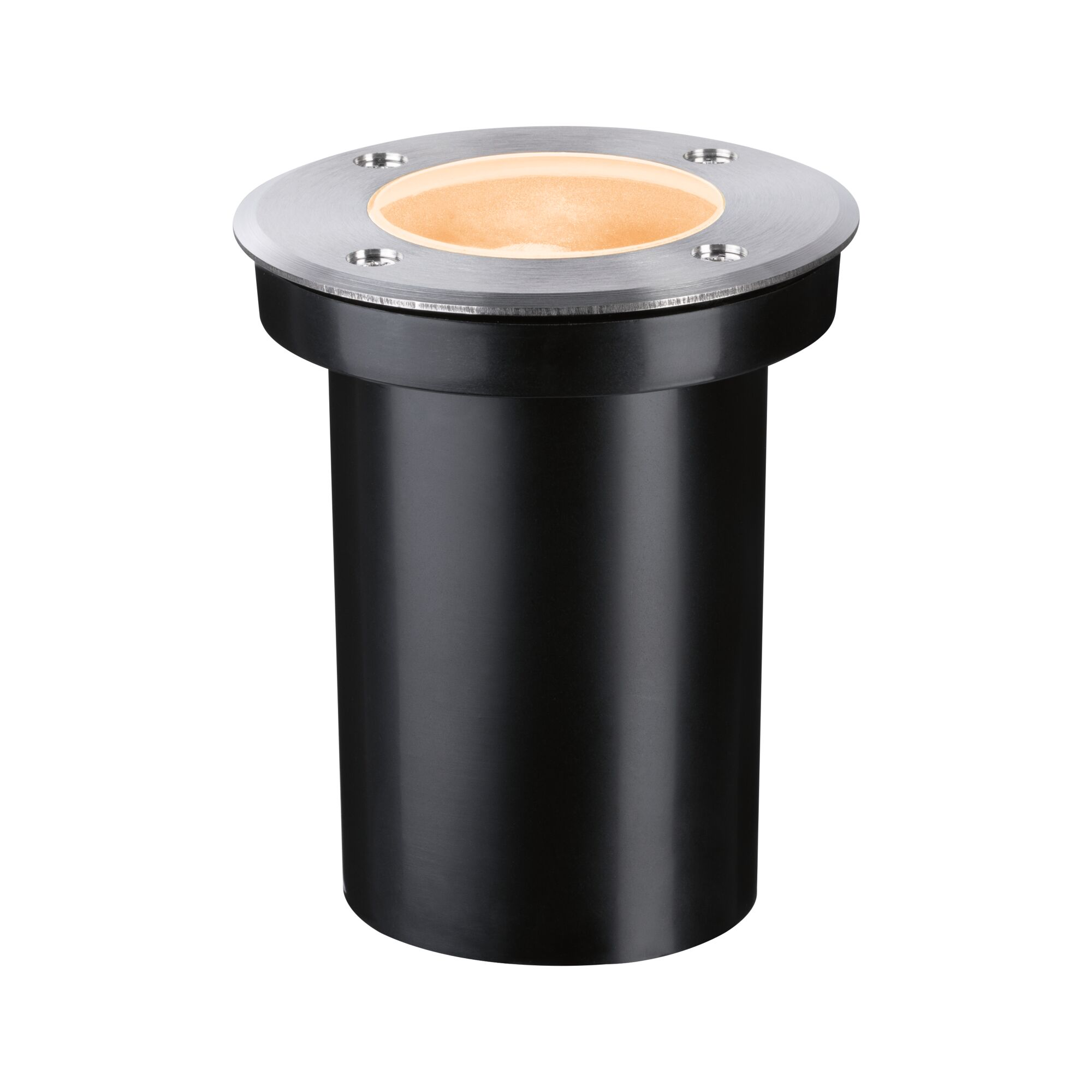 Un luminaire encastré cylindrique noir avec un rebord argenté et une lumière blanc chaud.