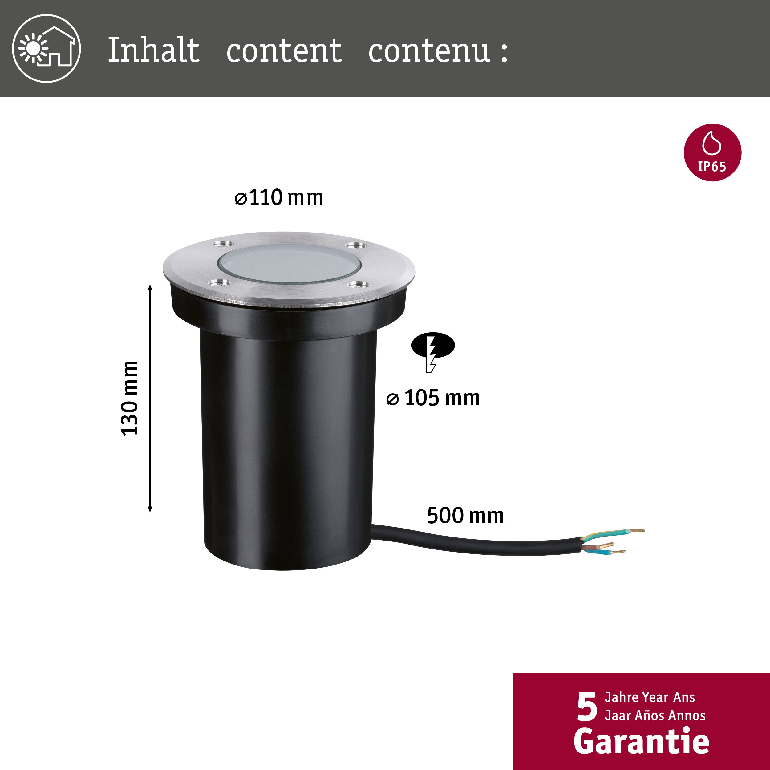 Un spot encastrable noir avec un rebord argenté, dimensions Ø110x130 mm.