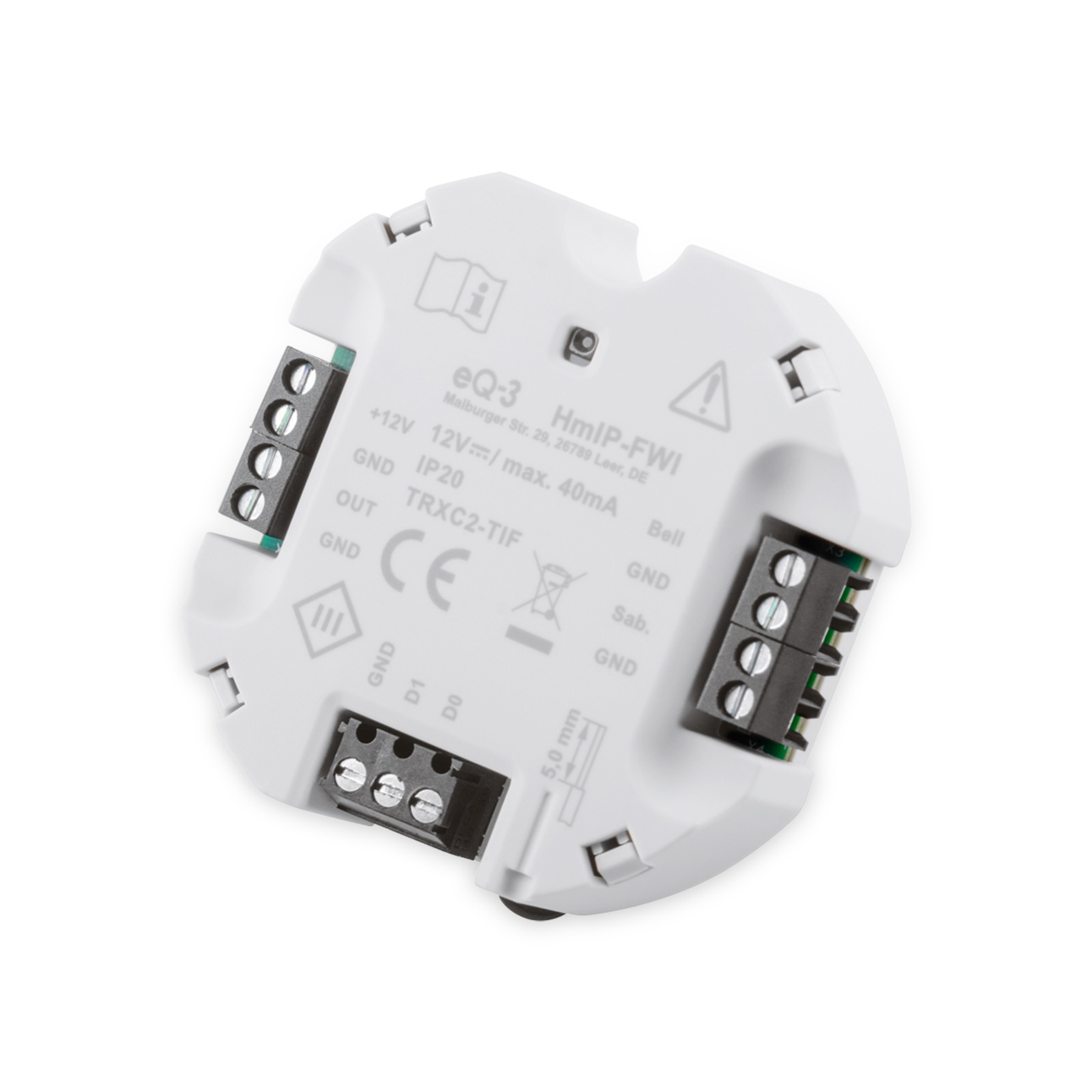 Un dispositivo blanco eQ-3 HmIP-FWI con terminales de tornillo y etiquetado.