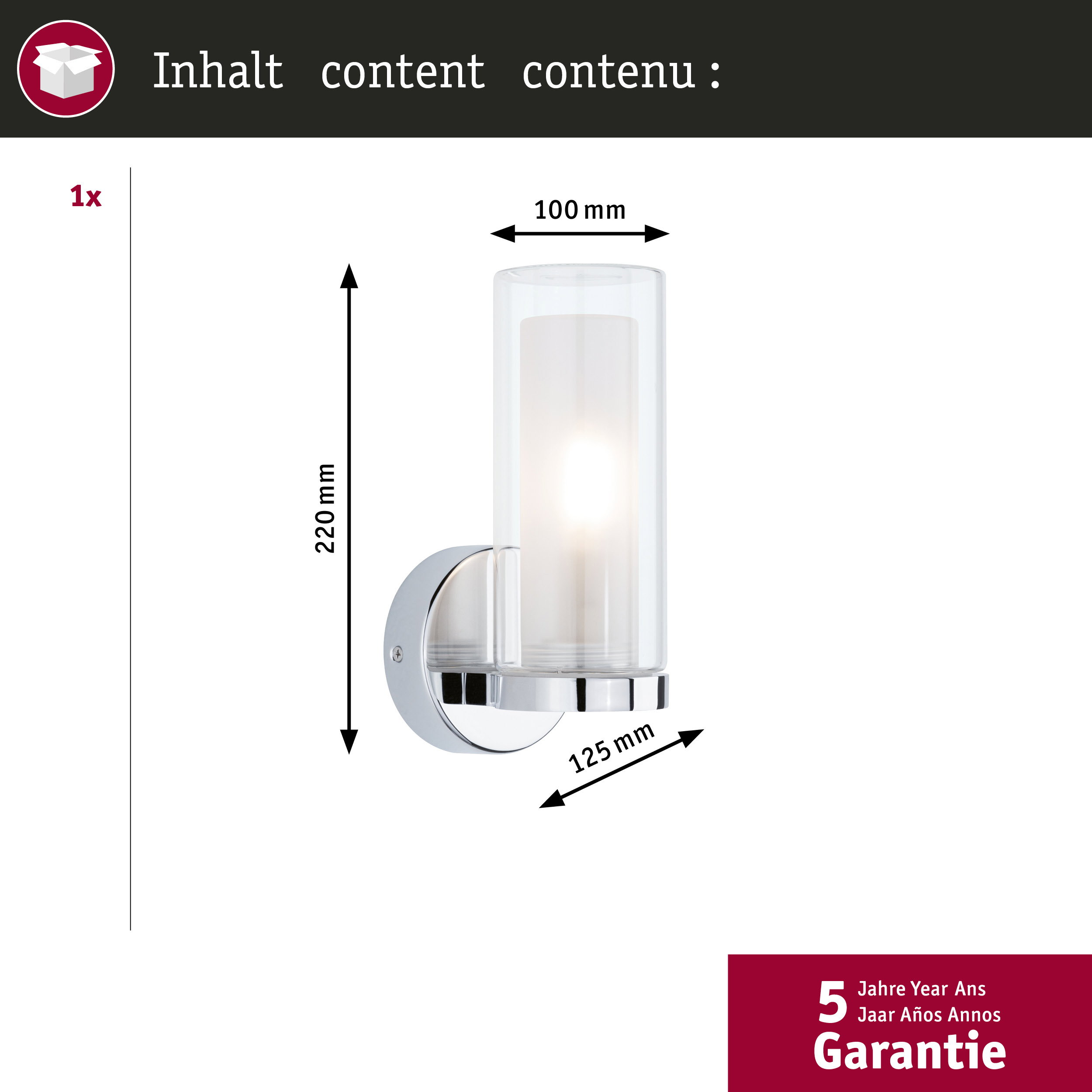 Kinkiet z szklanym cylindrem, wysokość 220mm, szerokość 100mm.