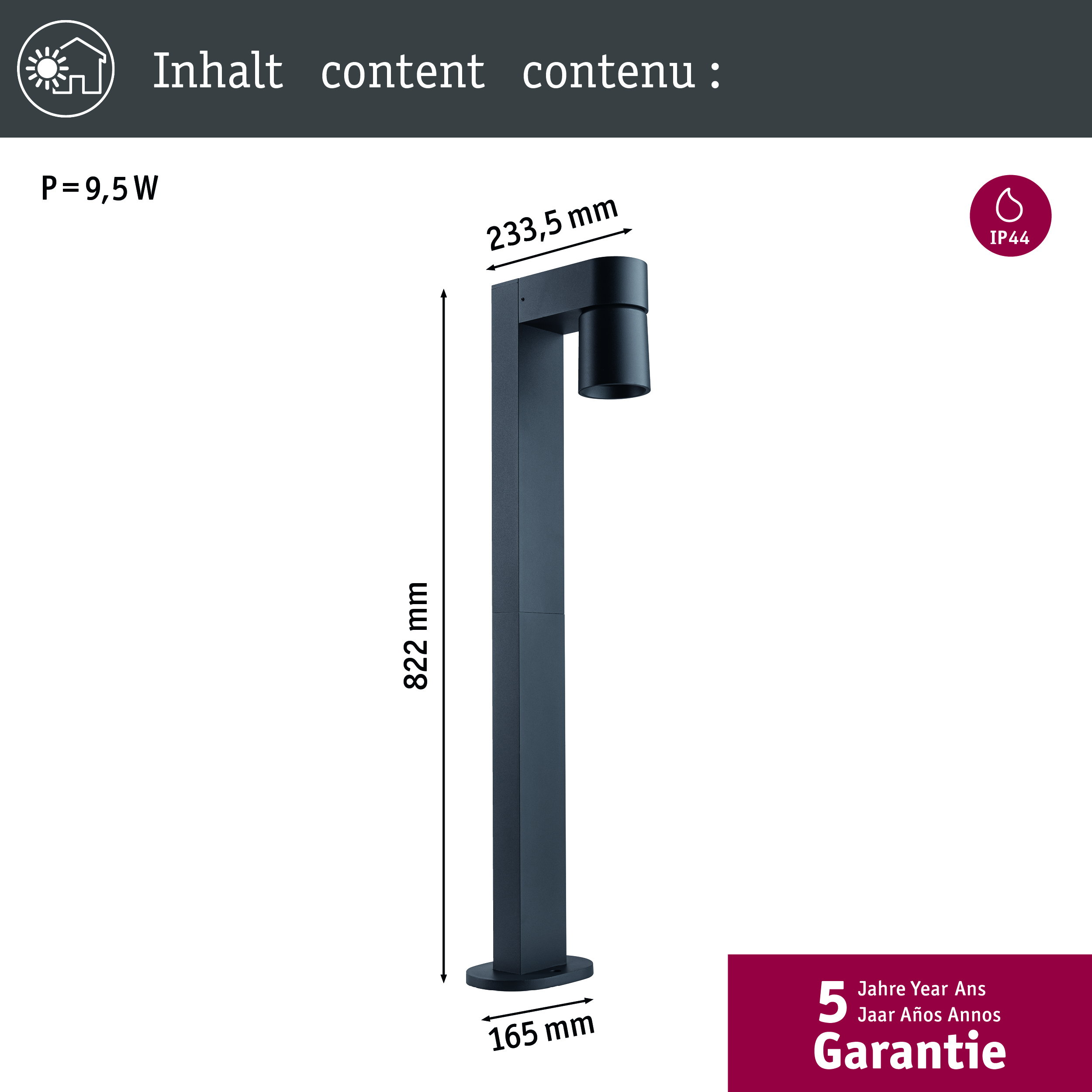 Czarna lampa stojąca, 822mm wysokości, 9,5W, IP44, 5 lat gwarancji.