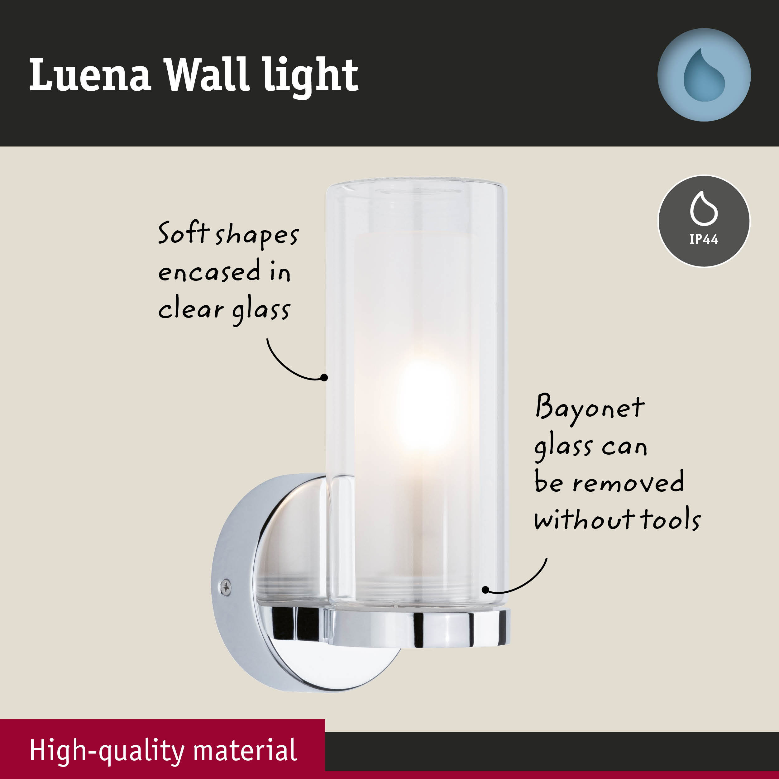 Kinkiet Luena z przezroczystym szklanym cylindrem i chromowaną podstawą.