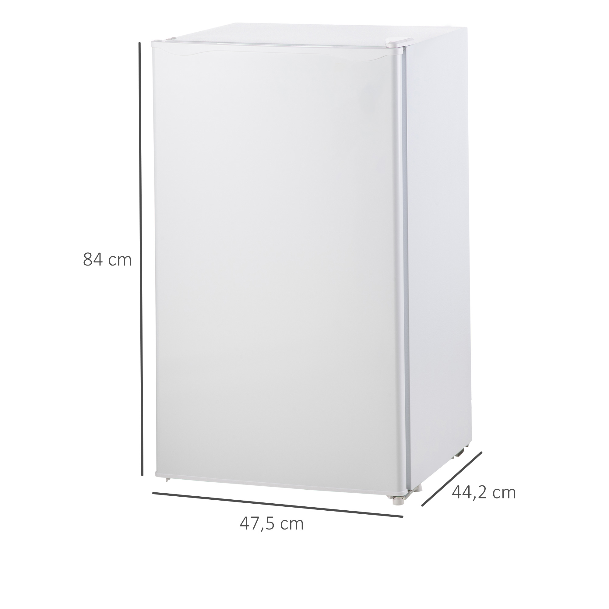 Un refrigerador blanco con dimensiones: alto 84 cm, ancho 47,5 cm, fondo 44,2 cm.
