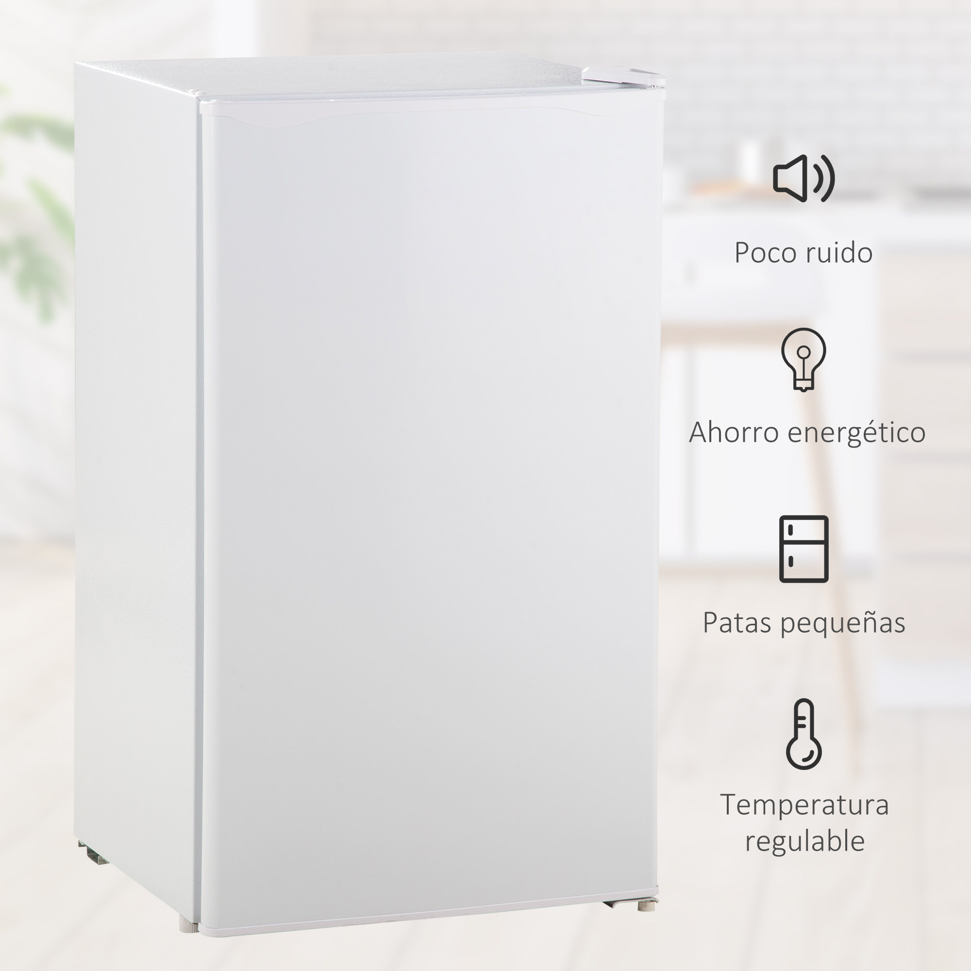 Un refrigerador blanco con bajo nivel de ruido, ahorro energético, patas pequeñas y temperatura regulable.