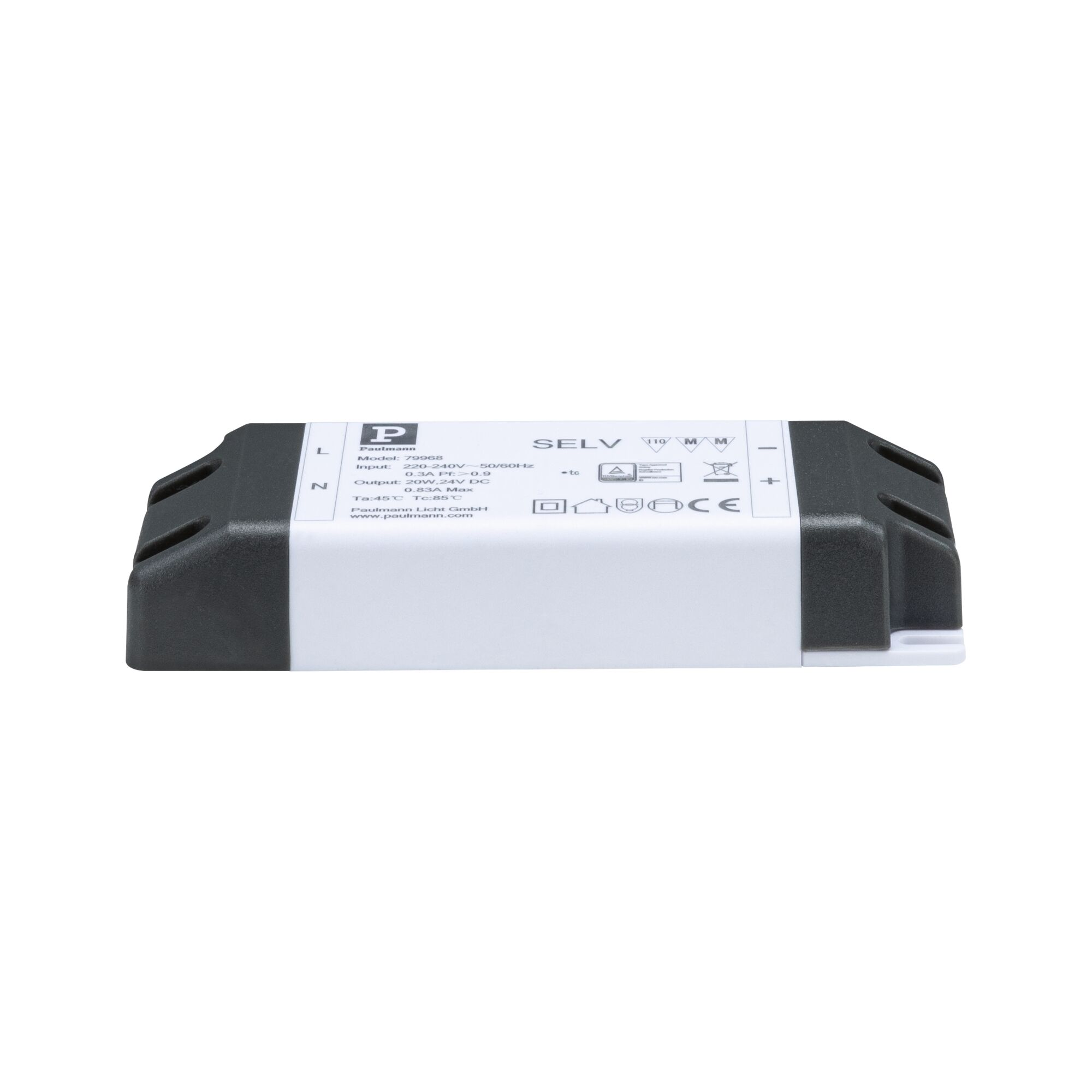 Czarny zasilacz z białym etykietą, model 79968, Paulmann Licht GmbH.