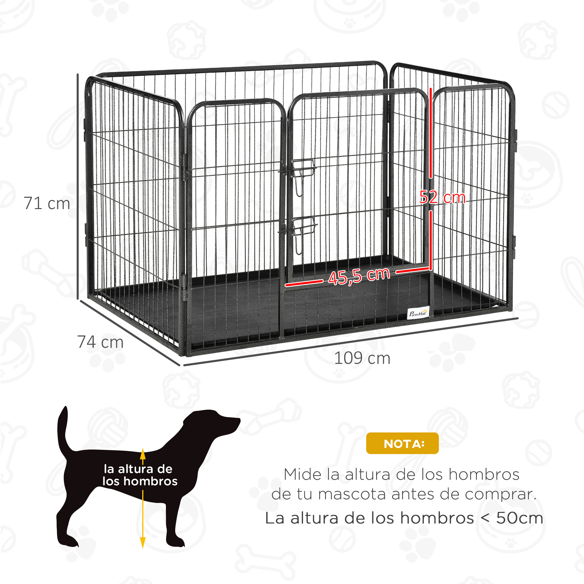 Un corral para perros negro con dimensiones y silueta de perro.