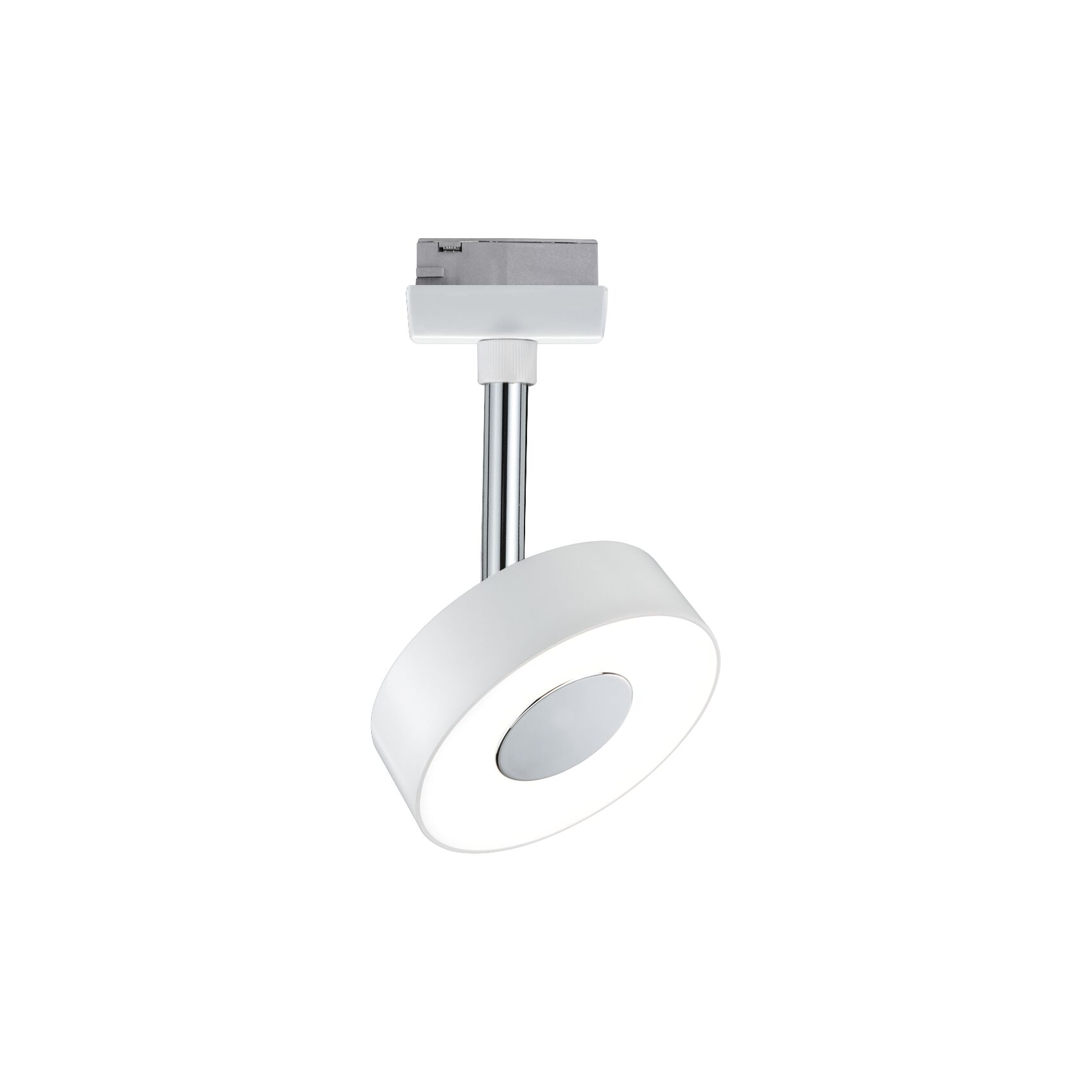 Un moderno faretto da soffitto bianco con paralume rotondo e dettagli cromati.