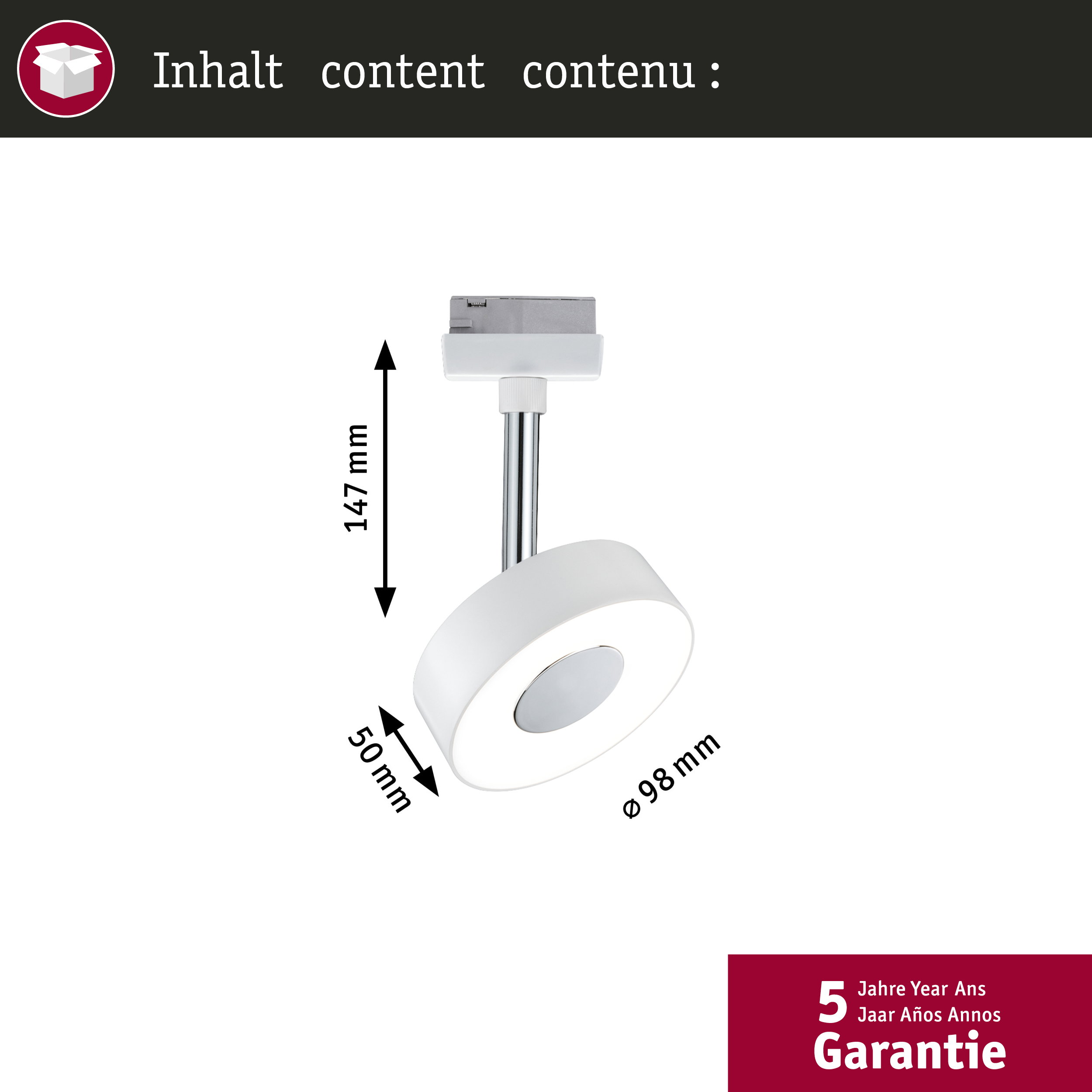 Plafoniera LED bianca con dimensioni 147x98x50mm.