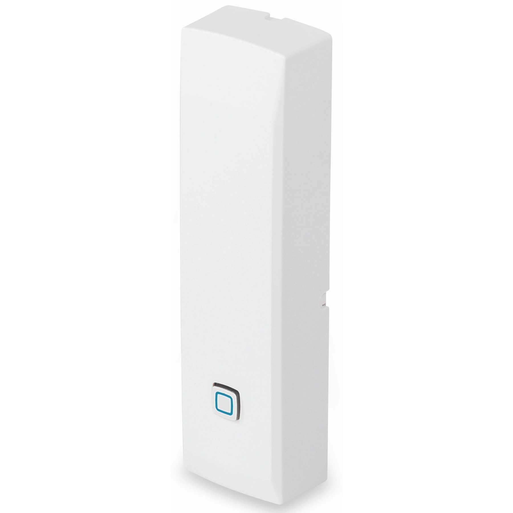 Białe, prostokątne urządzenie z niebieskim symbolem kwadratu z przodu.