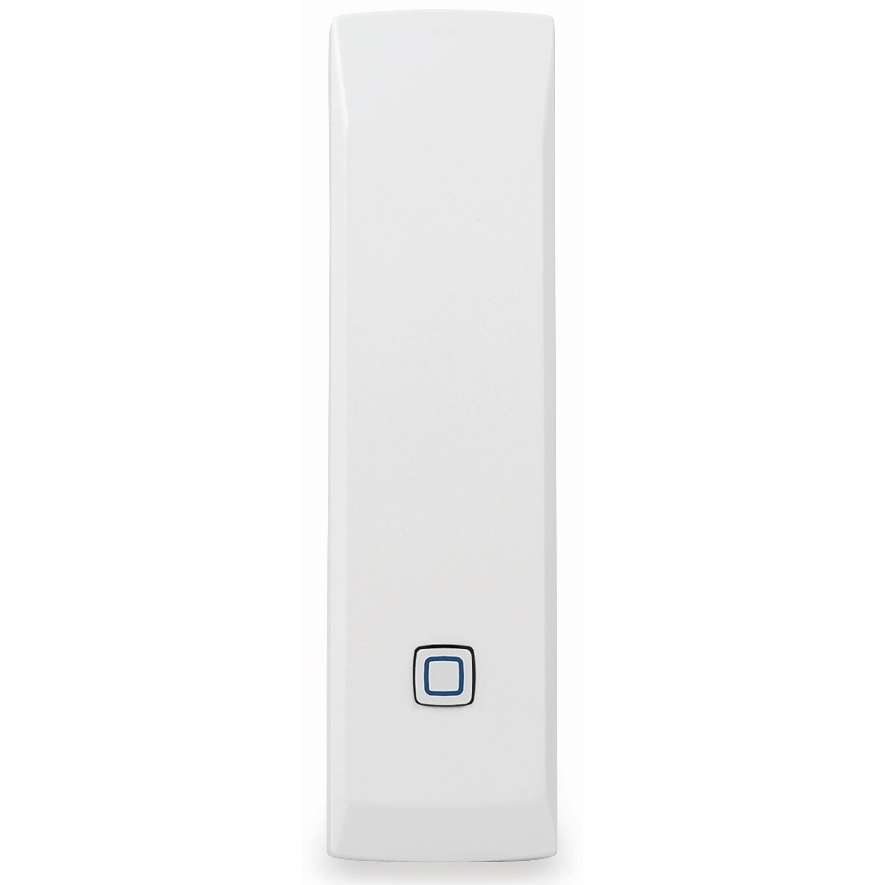 Białe prostokątne urządzenie z niebieskim symbolem kwadratu.