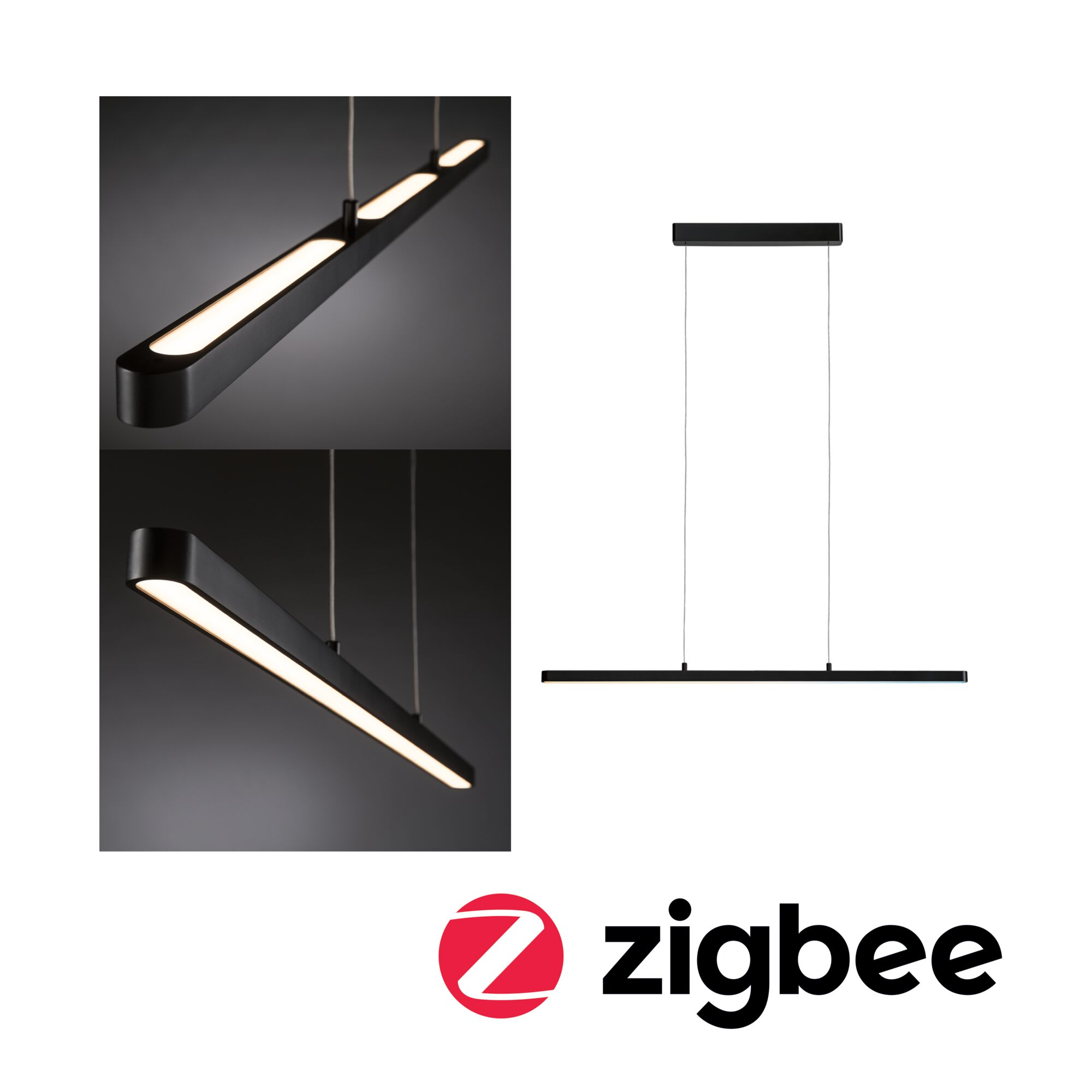 Czarna lampa wisząca z oświetleniem, obok logo Zigbee.