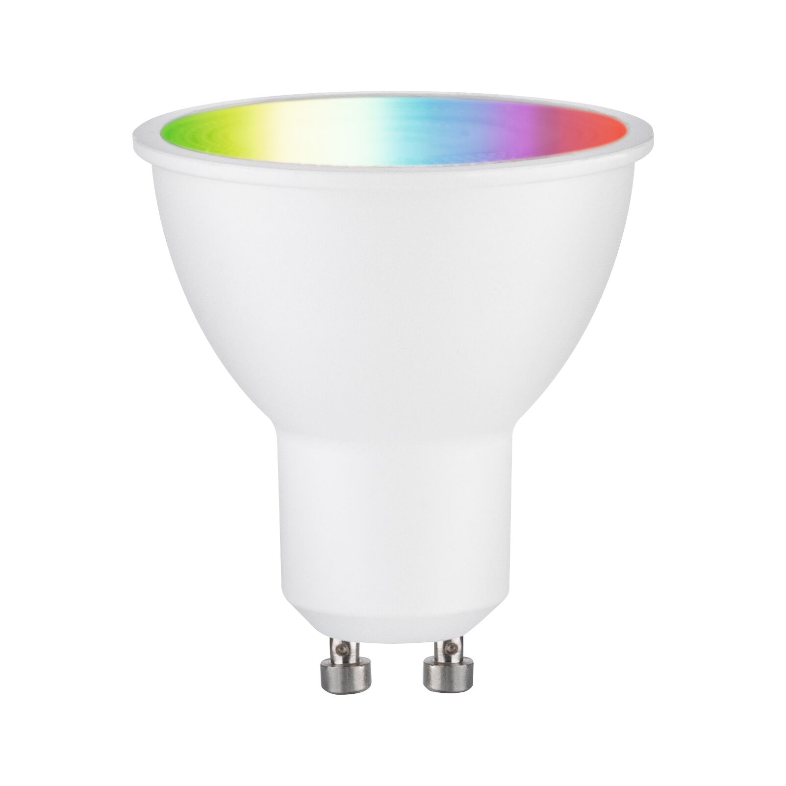 Eine weiße LED-Lampe mit farbigem Lichtspektrum oben.