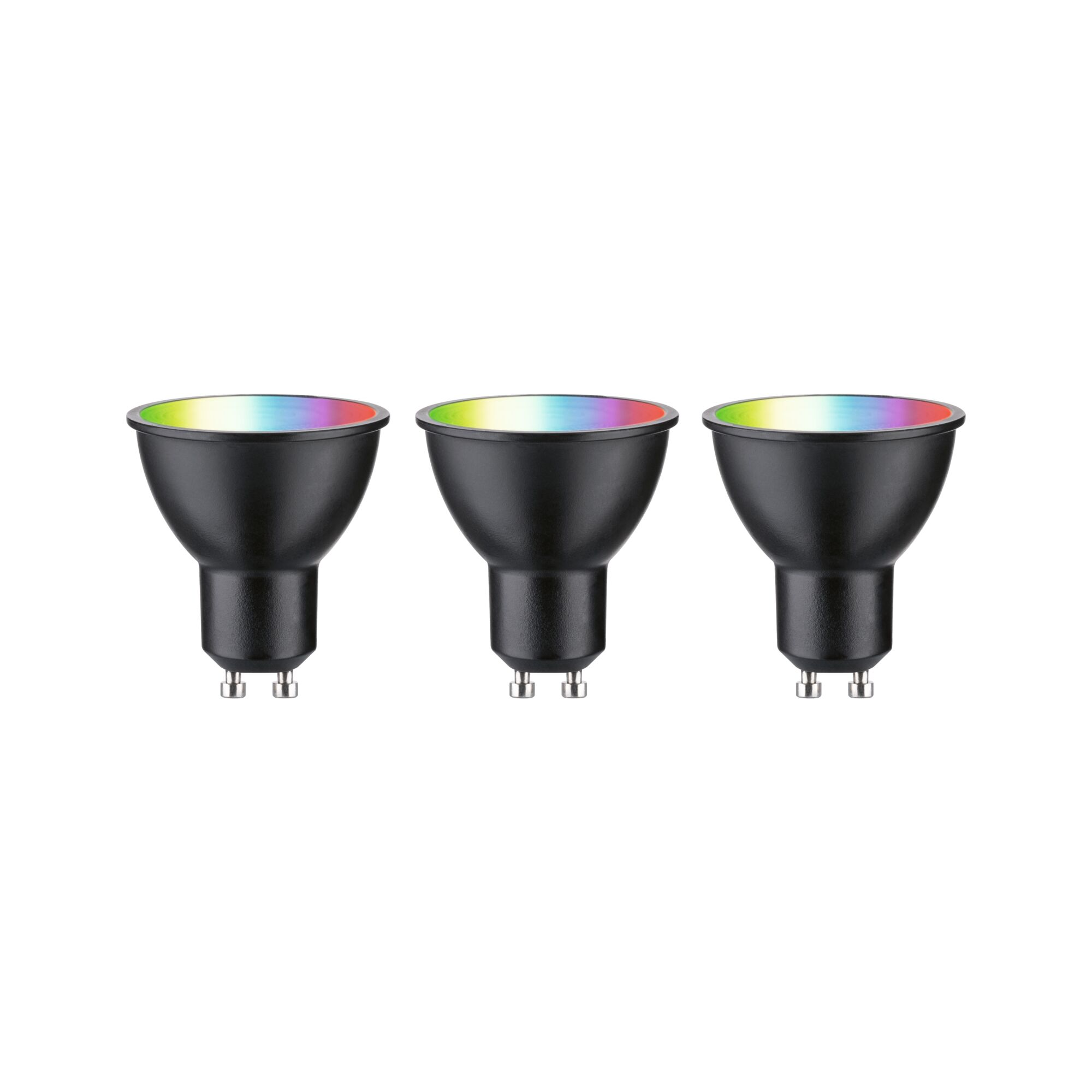 Drei schwarze GU10-LED-Spots mit bunten Lichtern