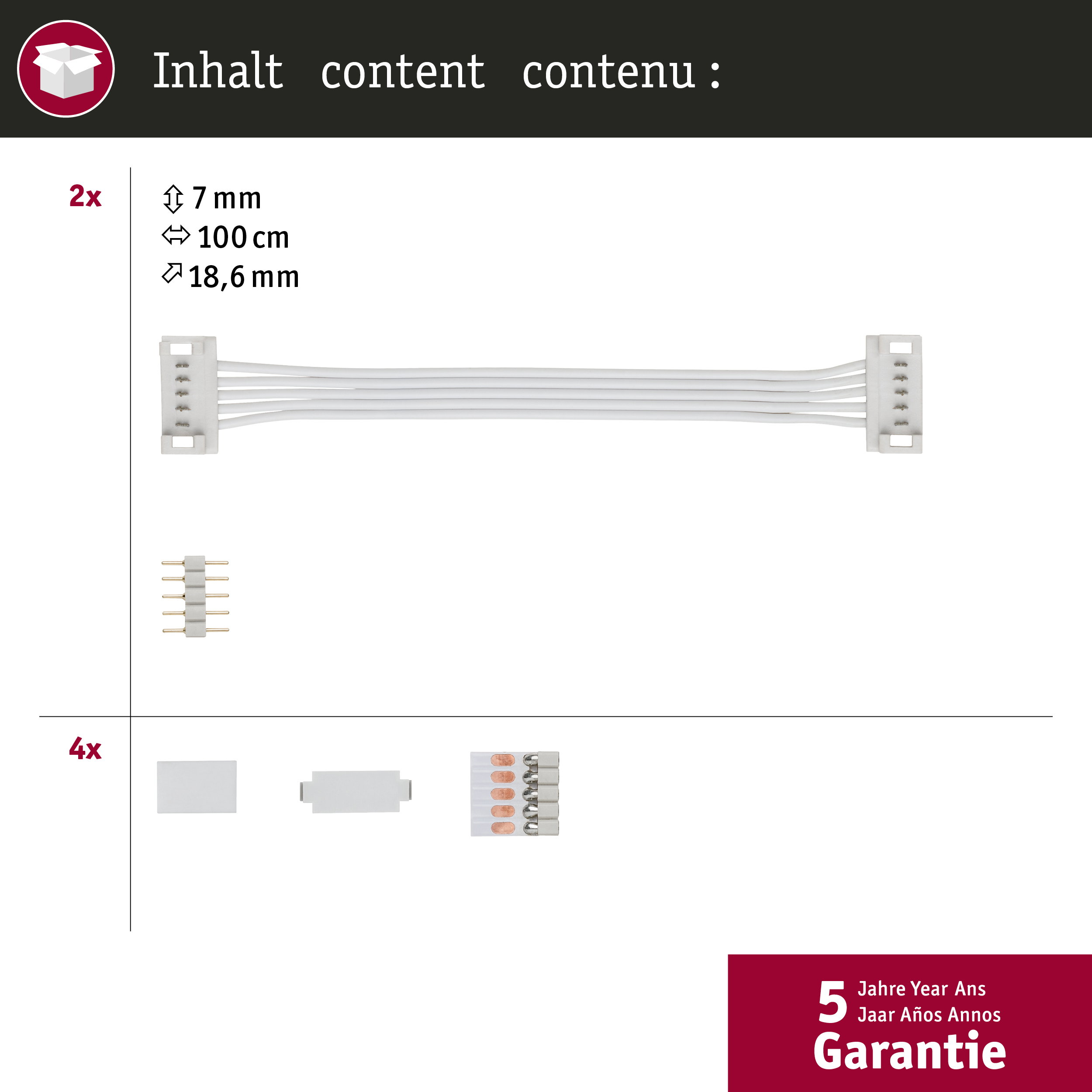 2x weiße Kabel mit Steckern, 4x weiße Verbinder und Streifen.