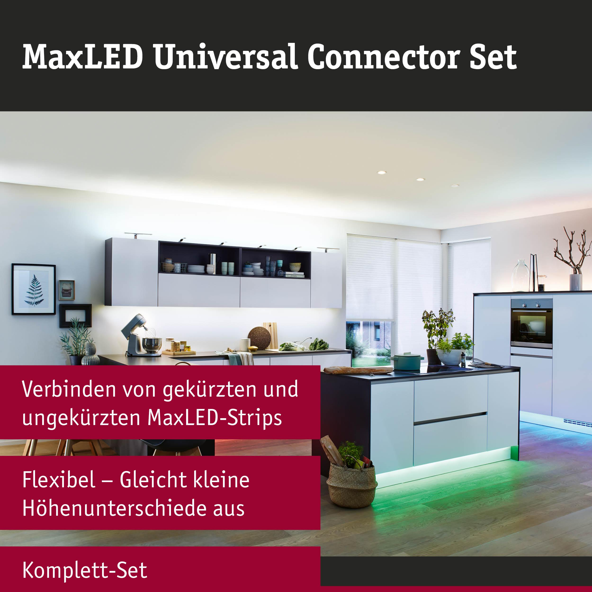 Moderne Küche mit MaxLED-Streifen, die von unten beleuchtet sind.
