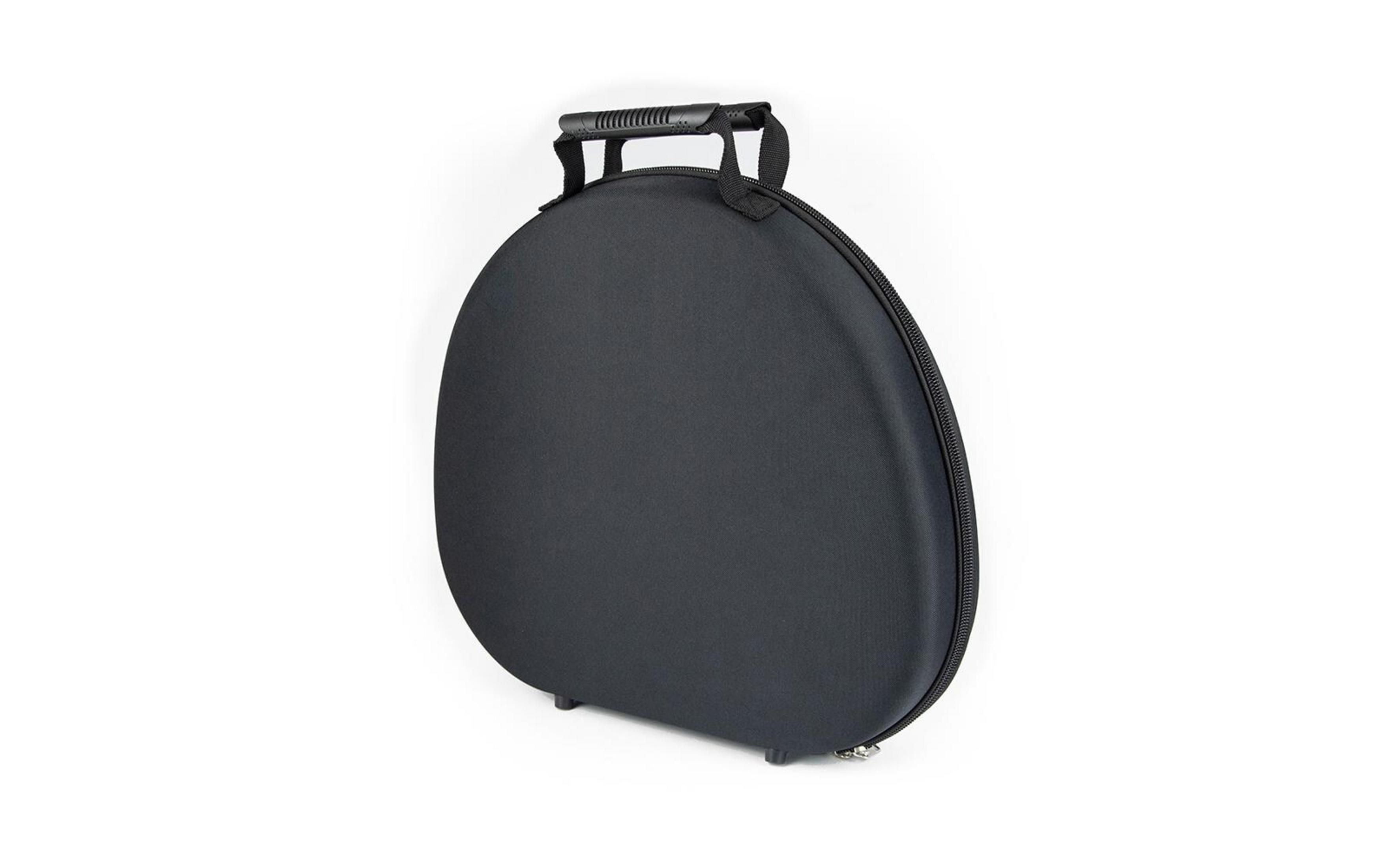 Schwarze, ovale Tasche mit Griff und Reißverschluss auf weißem Hintergrund.