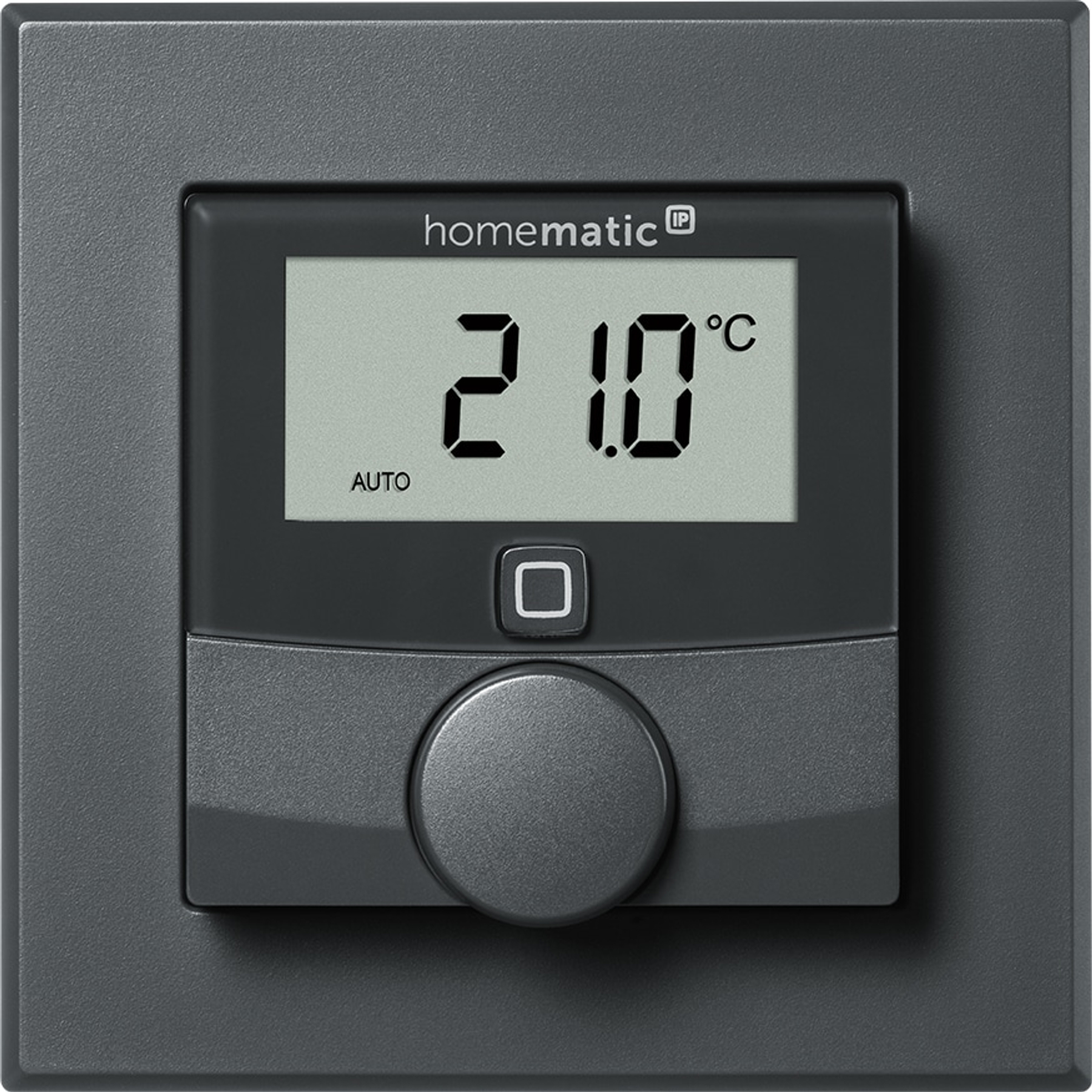Ein graues Homematic IP Thermostat zeigt 21 Grad Celsius und AUTO.